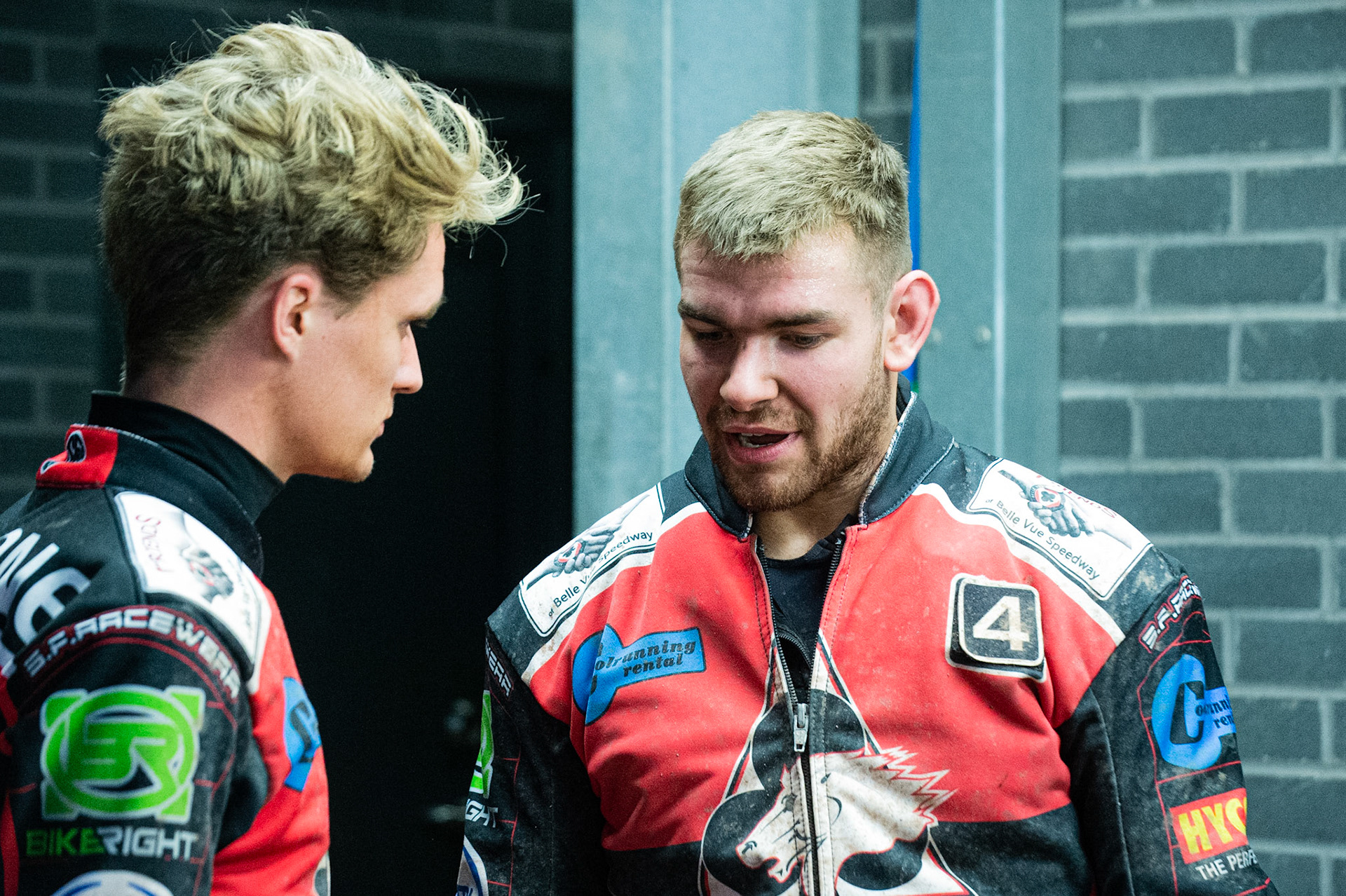 Photo: Ian Charles

Ben Rathbone  (left) chats with Danny Phillips 

Belle Vue Colts v Leicester Cubs, SGB National League, Belle Vue National Speedway Stadium, Manchester, Thursday 8  August  2019