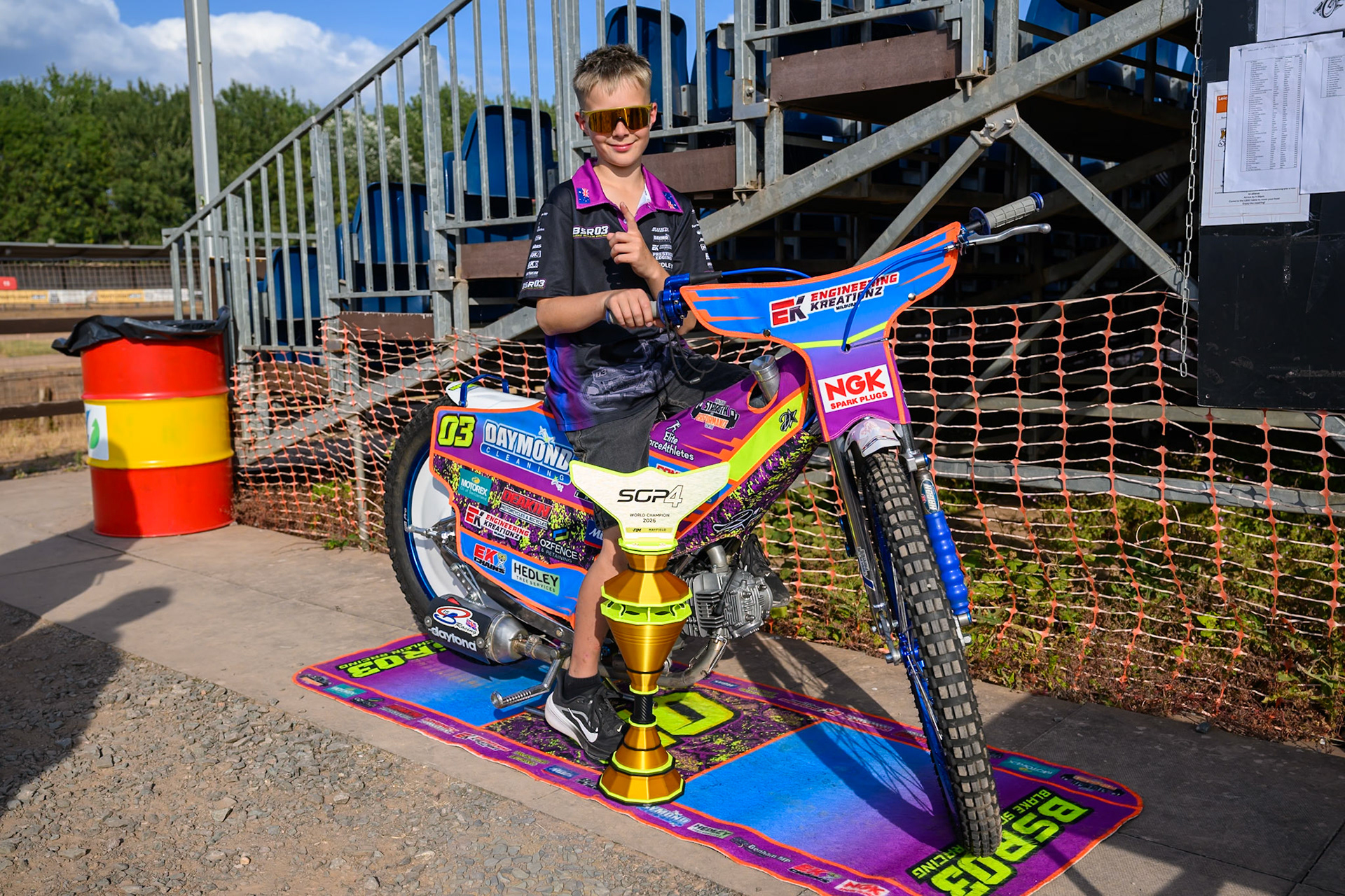 SGP 4 World Champion, Blake Schlein from Australia with his trophy during the Rowe Motor Oil Premiership match between Leicester Lions and Belle Vue Aces at the Hydroscan Arena, Leicester on Thursday 23rd July 2026. (Photo: Ian Charles | MI News)