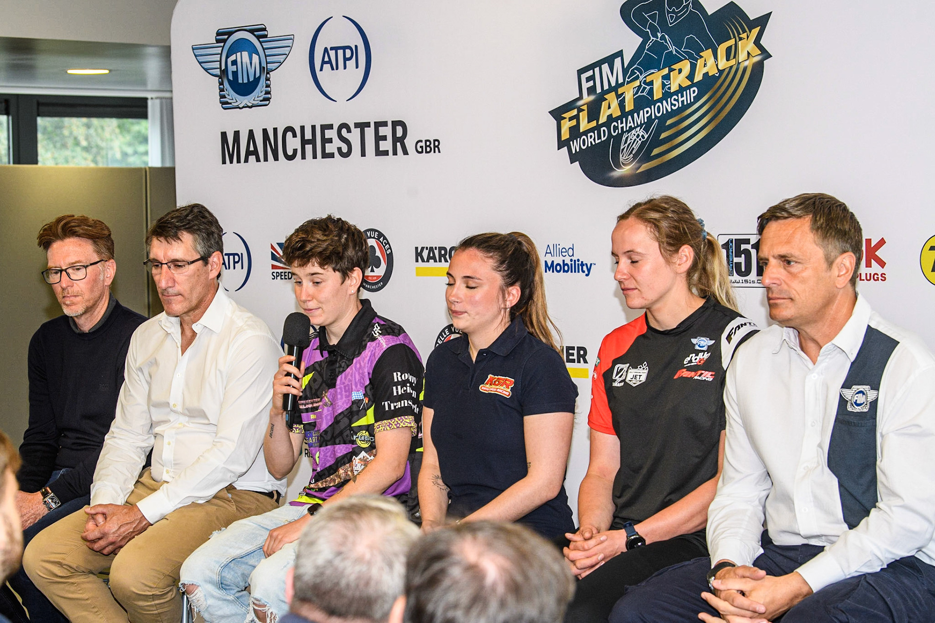 The Women’s Speedway Academy (WSA) Panel: (l - r) Former World Speedway Champion Jason Crump, Belle Vue CEO Mark Lemon, Celina Liebmann, Katie Gordon, World Enduro Champion Jane Daniels, and British Speedway CEO Phil Morris during the FIM Flat Track World Championship &amp; FIM Women's Speedway Academy Launch at the National Speedway Stadium, Manchester on Monday 3rd July 2023. (Photo: Ian Charles | MI News)
