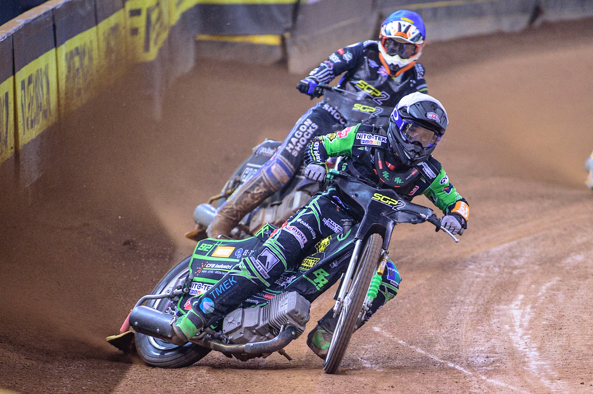 Benjamin Basso (Denmark)  leads Jason Edwards (Great Britain) during the FIM  Speedway Grand Prix  2 of Great Britain at the Principality Stadium, Cardiff on Sunday 14th August 2022. (Credit: Ian Charles | MI News)