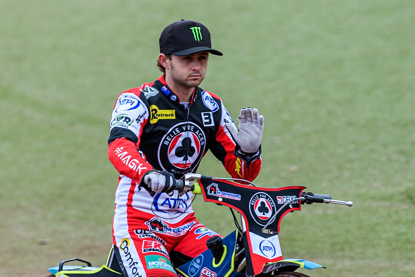 Belle Vue Aces' Jaimon Lidsey on the parade lap during the Rowe Motor Oil Premiership match between Belle Vue Aces and Oxford Spires at the National Speedway Stadium, Manchester on Monday 22nd July 2024. (Photo: Ian Charles | MI News)