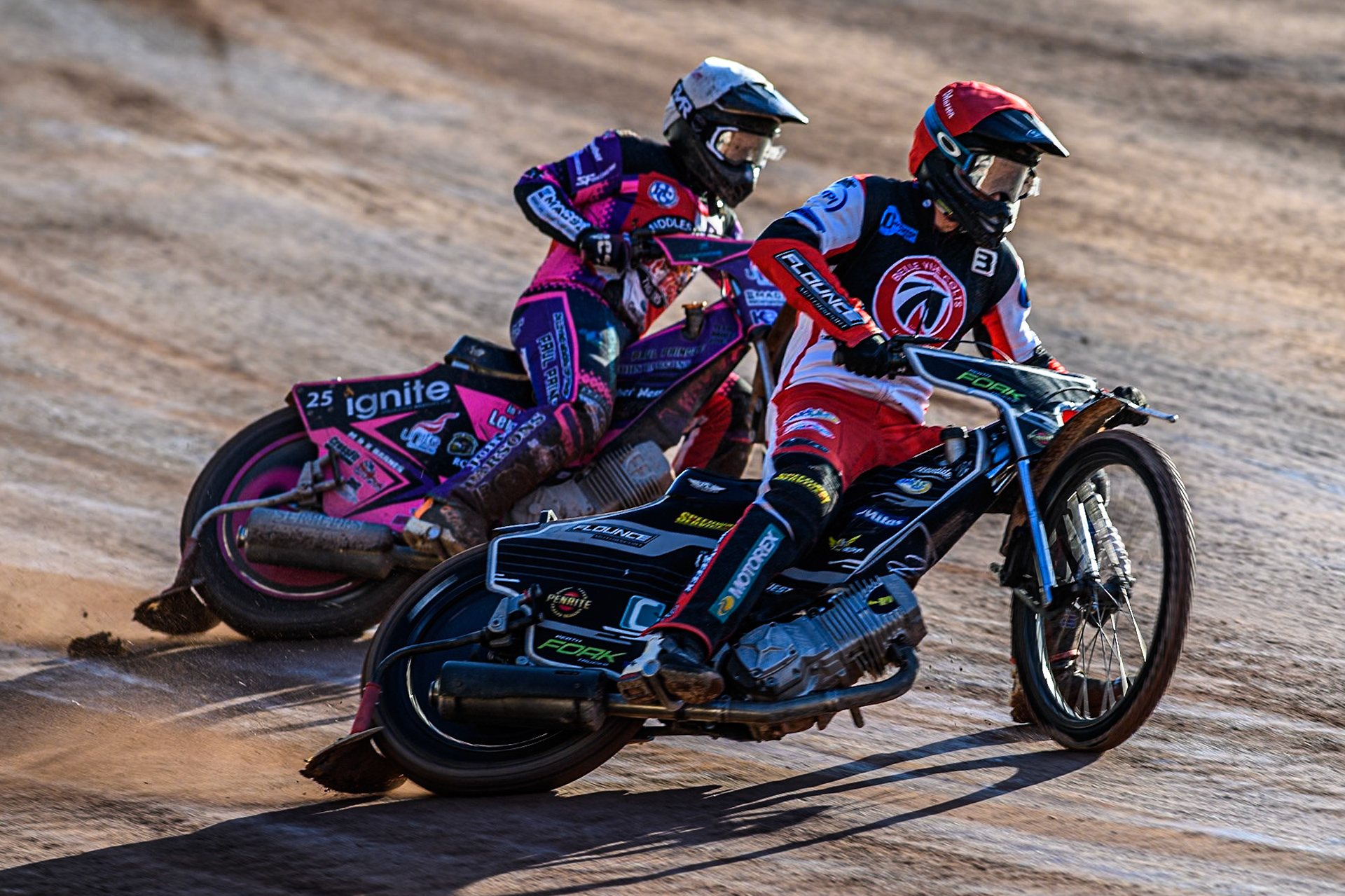 Belle Vue Colts' Matt Marson in Red leading Middlesbrough Tigers' Ben Trigger in White during the WSRA National Development League match between Belle Vue Colts and Middlesbrough Tigers at the National Speedway Stadium, Manchester on Monday 17th June 2024. (Photo: Ian Charles | MI News)