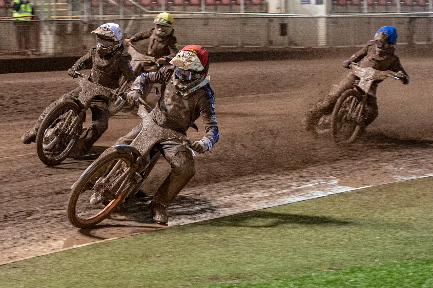 Photo: Ian CharlesLewis Kerr   (Red)  leads  Paul Starke   (White) Josh Bates   (Blue)  and Joe Thompson   (Yellow) Sports Insure British Speedway Championship Final, National Speedway Stadium, Manchester Monday  28  September  2020