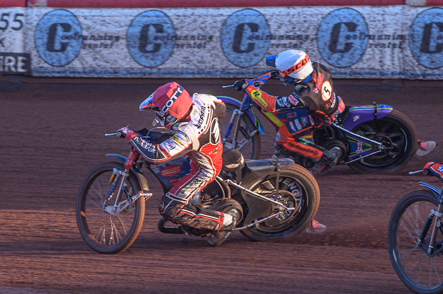 MANCHESTER, UK. JULY 15TH   Steve Worrall  (Red) inside Rory Schlein  (White) during the SGB Premiership match between Belle Vue Aces and Wolverhampton Wolves at the National Speedway Stadium, Manchester on Thursday 15th July 2021. (Credit: Ian Charles | MI News)