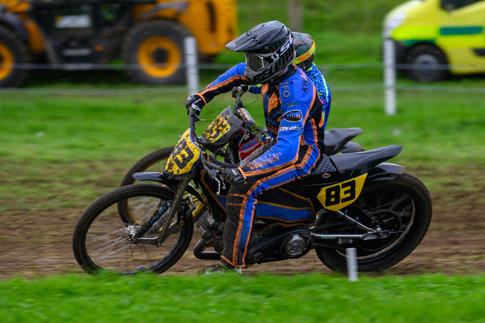 British Masters (Solos): Liam Ashcroft (83) on the inside of Thomas Vining (55) during the British Masters Grasstrack Championship at Lower Marsh Farm, Much Hoole, Preston in Lancashire, England on Sunday 13th September 2026. (Photo: Ian Charles | MI News)