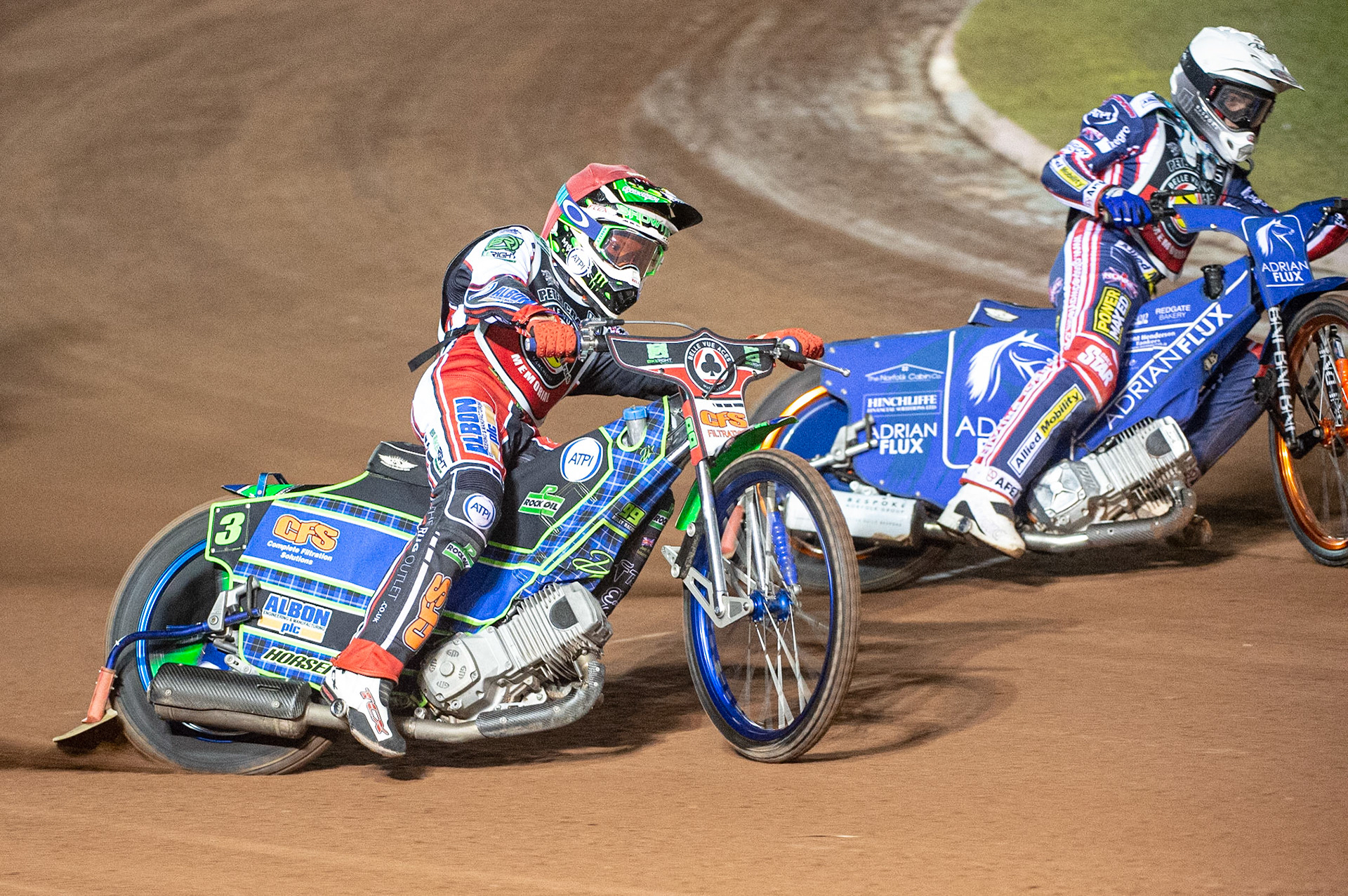 Photo: Ian CharlesDan Bewley (Red) outside Lewis Kerr (White)Peter Craven Memorial Trophy, National Speedway Stadium, Manchester Thursday  22  October  2020