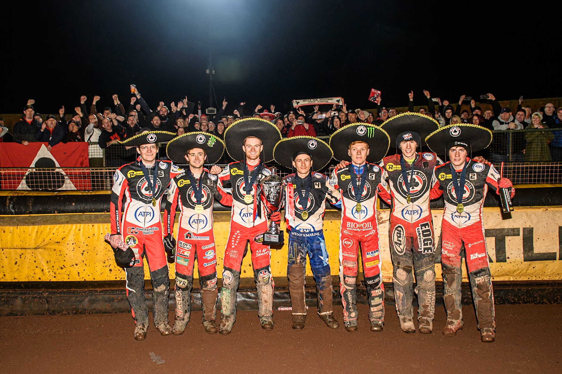 The Belle Vue ATPI Aces celebrate with their fans during the Rowe Motor Oil Premiership Grand Final 2nd Leg between Leicester Lions and Belle Vue Aces at the Pidcock Motorcycles Arena, Leicester on Thursday 26th September 2024. (Photo: Ian Charles | MI News)