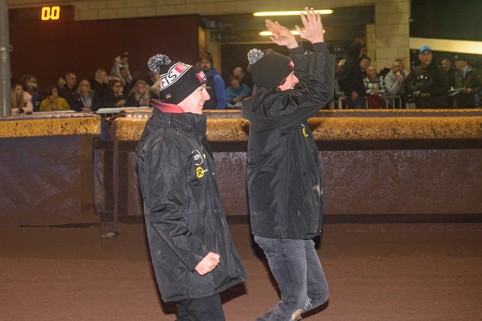 Jye Etheridge (left) and Charles Wright join the celebrations during the SGB Premiership Grand Final 2nd Leg between Sheffield Tigers and Belle Vue Aces at Owlerton Stadium, Sheffield on Thursday 13th October 2022. (Credit: Ian Charles | MI News)