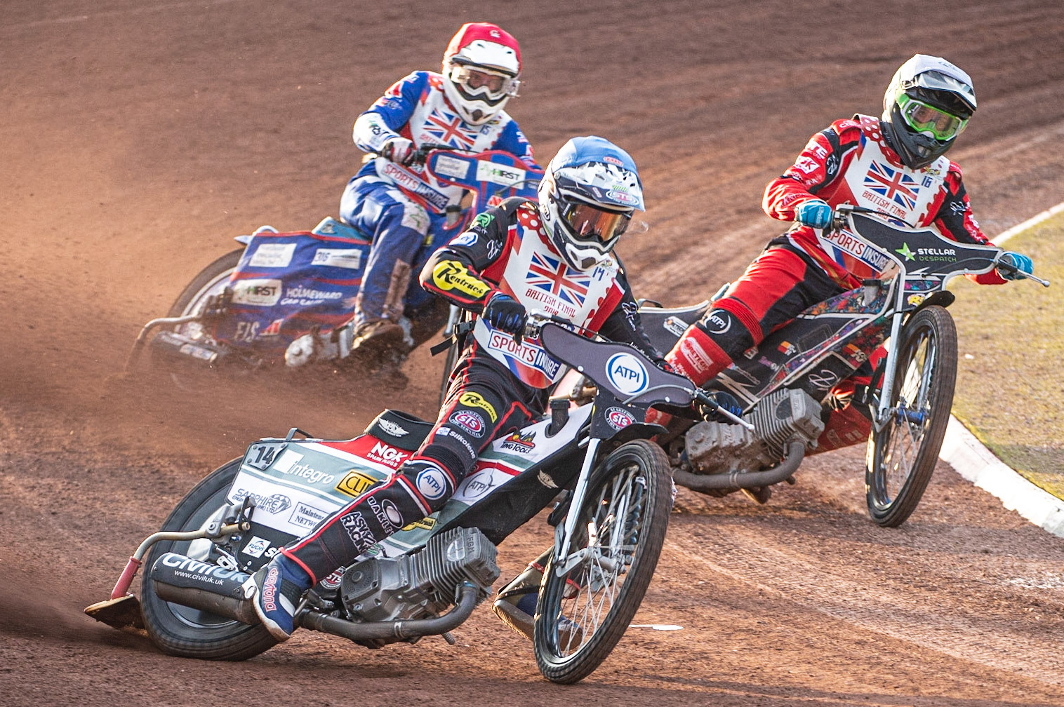 Photo: Ian Charles

Steve Worrall (Blue) leads Scott Nicholls (White) and Josh Auty (Red)

Sports Insure British Final,  Belle Vue National Speedway Stadium, Manchester Monday 29  July  2019
