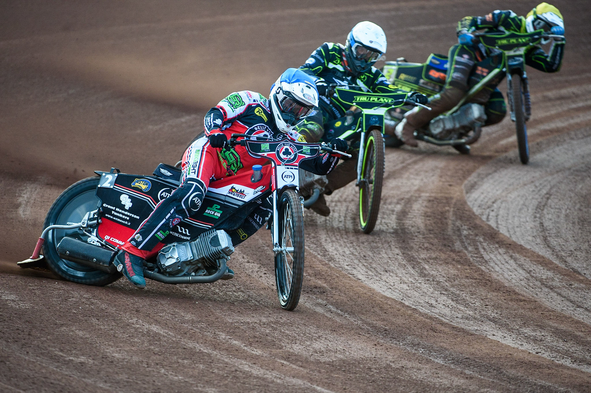 MANCHESTER UKRichie Worrall   (Blue) leads Craig Cook   (White) and Anders Rowe (Yellow) during the SGB Premiership match between Belle Vue Aces and Ipswich Witches at the National Speedway Stadium, Manchester on Monday 2nd August 2021. (Credit: Ian Charles | MI News)