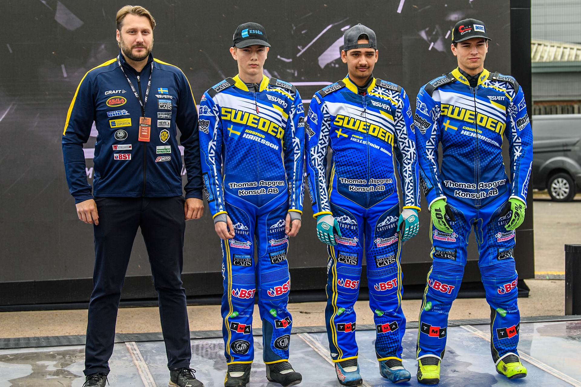 SWEDEN: (L to R) Swedish Team manager, Alexander Edberg, Rasmus Karlsson, Philip Hellström-Bängs and Casper Henriksson during the Monster Energy FIM Speedway of Nations 2 (Under 21) Final at the National Speedway Stadium, Manchester on Friday 12th July 2024. (Photo: Ian Charles | MI News)