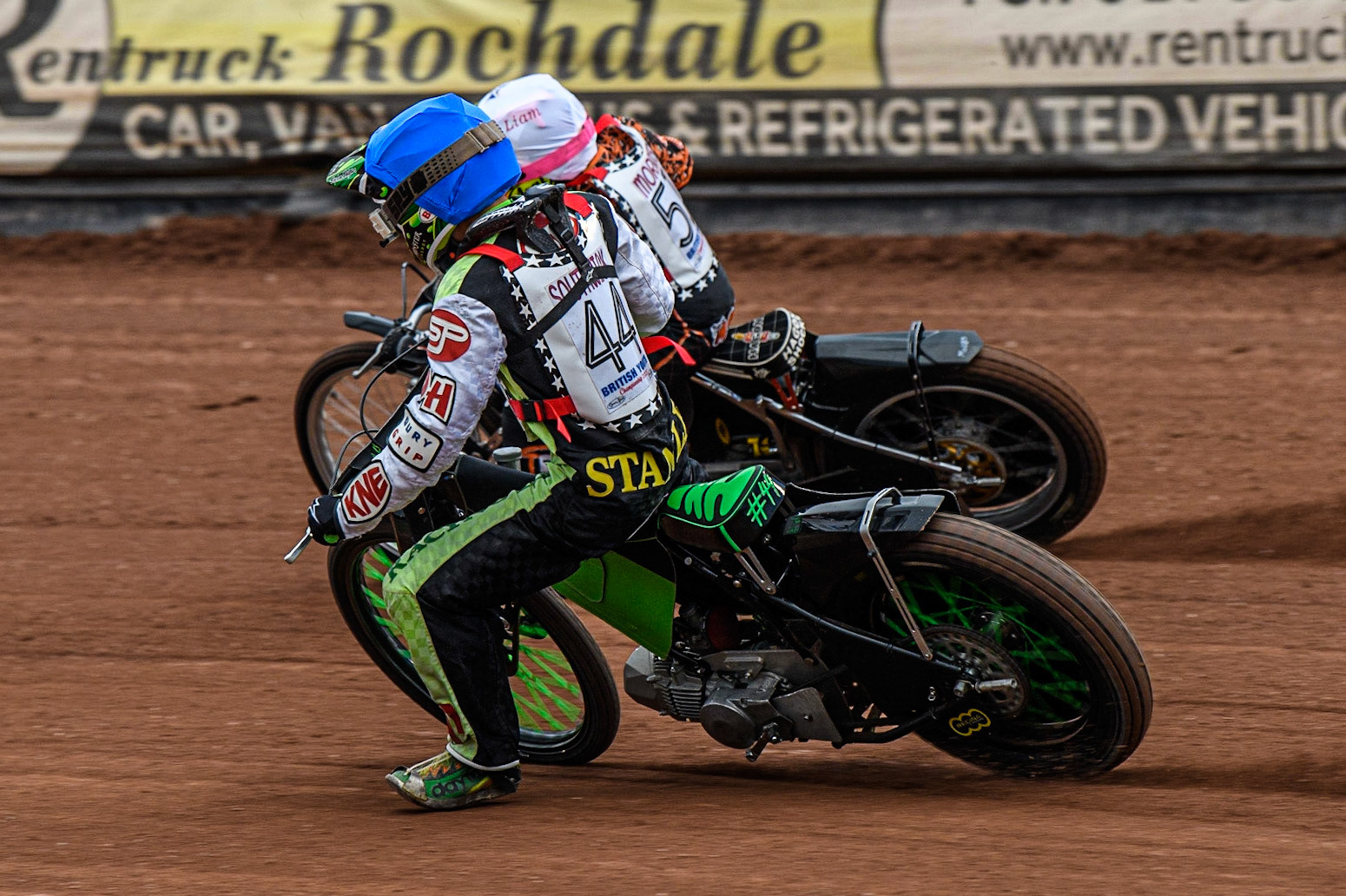 Charlie Southwick  (Blue) chases Liam Morris  (White) during the British Youth Championships at the National Speedway Stadium, Manchester on Friday 12th May 2023. (Photo: Ian Charles | MI News)