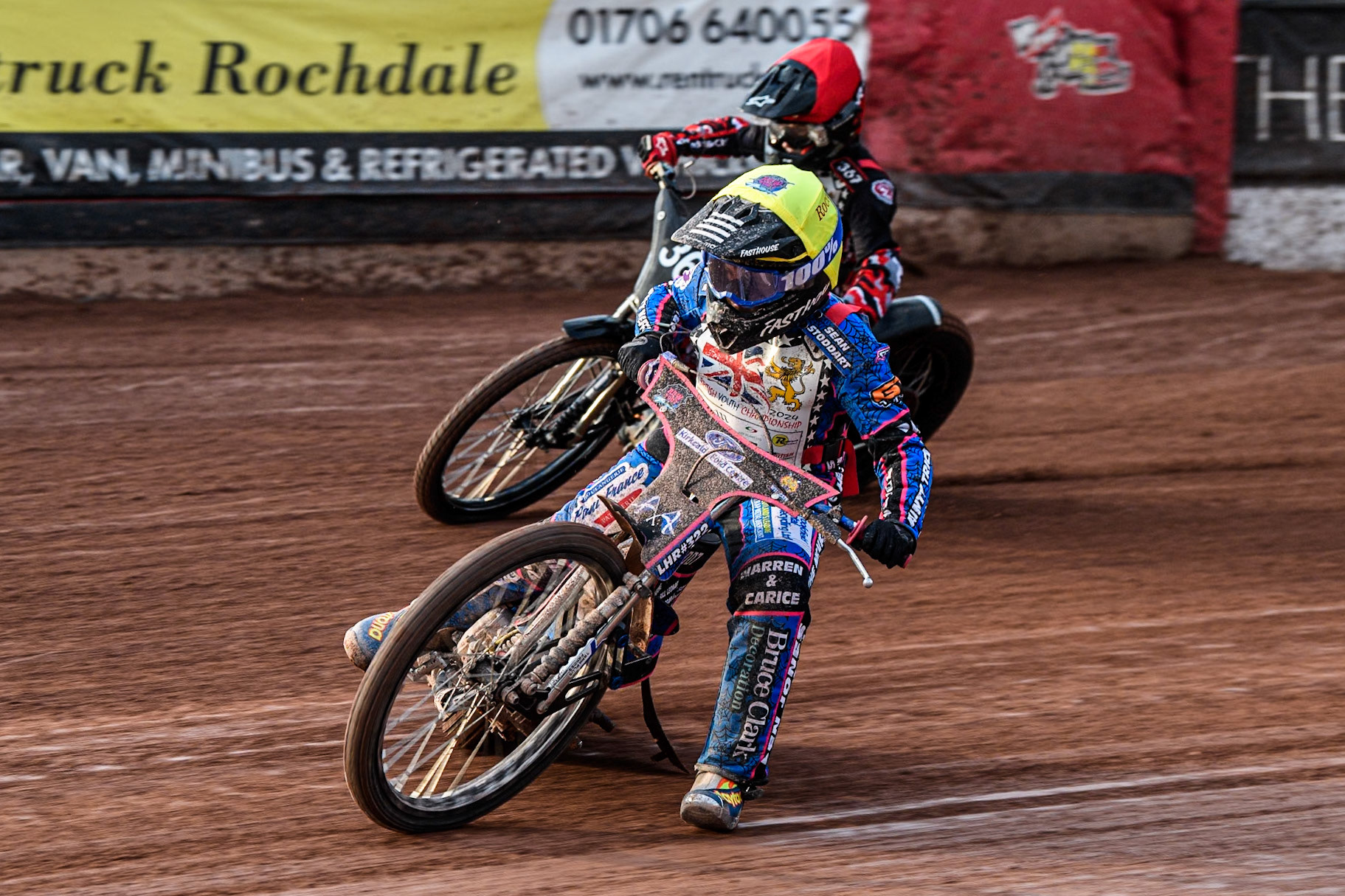 Rocco Webb (125cc) in Yellow leading Charlie Luckman (125cc) in Red during the British Youth 250cc Championships at the National Speedway Stadium, Manchester on Friday 30th August 2024. (Photo: Ian Charles | MI News)