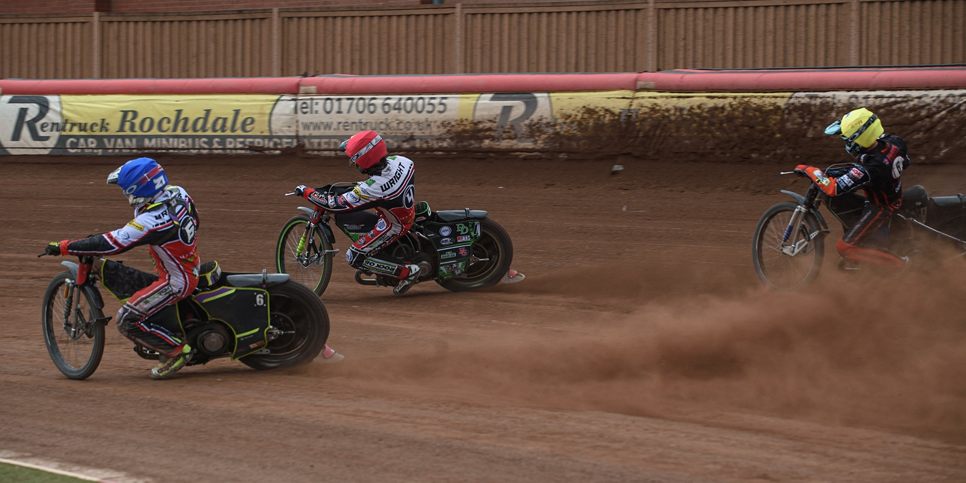 MANCHESTER, UK. AUGUST 30TH Tom Brennan  (Blue) and Charles Wright  (Red) lead Leon Flint   (Yellow) during the SGB Premiership match between Belle Vue Aces and Wolverhampton Wolves at the National Speedway Stadium, Manchester on Monday 30th August 2021. (Credit: Ian Charles | MI News)