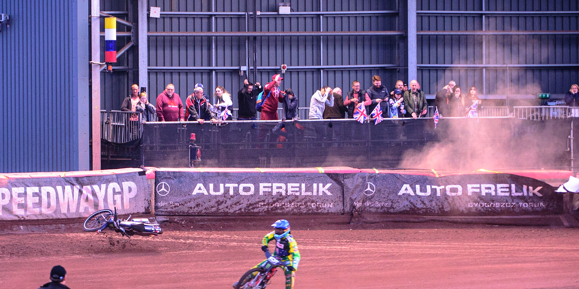 MANCHESTER, UK. OCT 16TH Tai Woffinden of Great Britain falls and hits the airfence during the Monster Energy FIM Speedway of Nations at the National Speedway Stadium, Manchester on Saturday  16th October 2021. (Credit: Ian Charles | MI News)