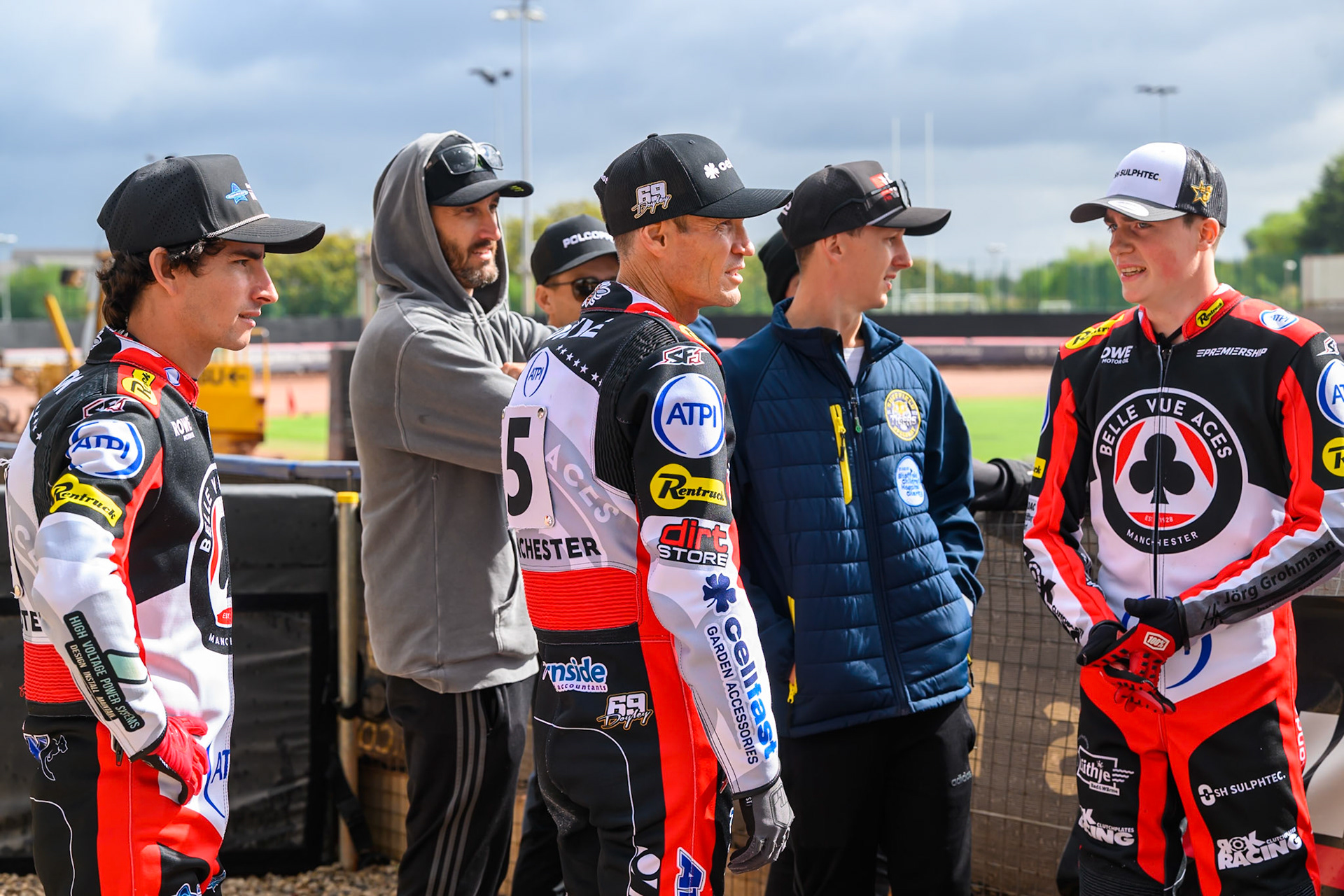 Belle Vue ATPI Aces and Sheffield Tigers Riders discuss track conditions before the rain off during the Rowe Motor Oil Premiership match between Belle Vue Aces and Sheffield Tigers at the National Speedway Stadium, Manchester on Monday 31st August 2026. (Photo: Ian Charles | MI News)