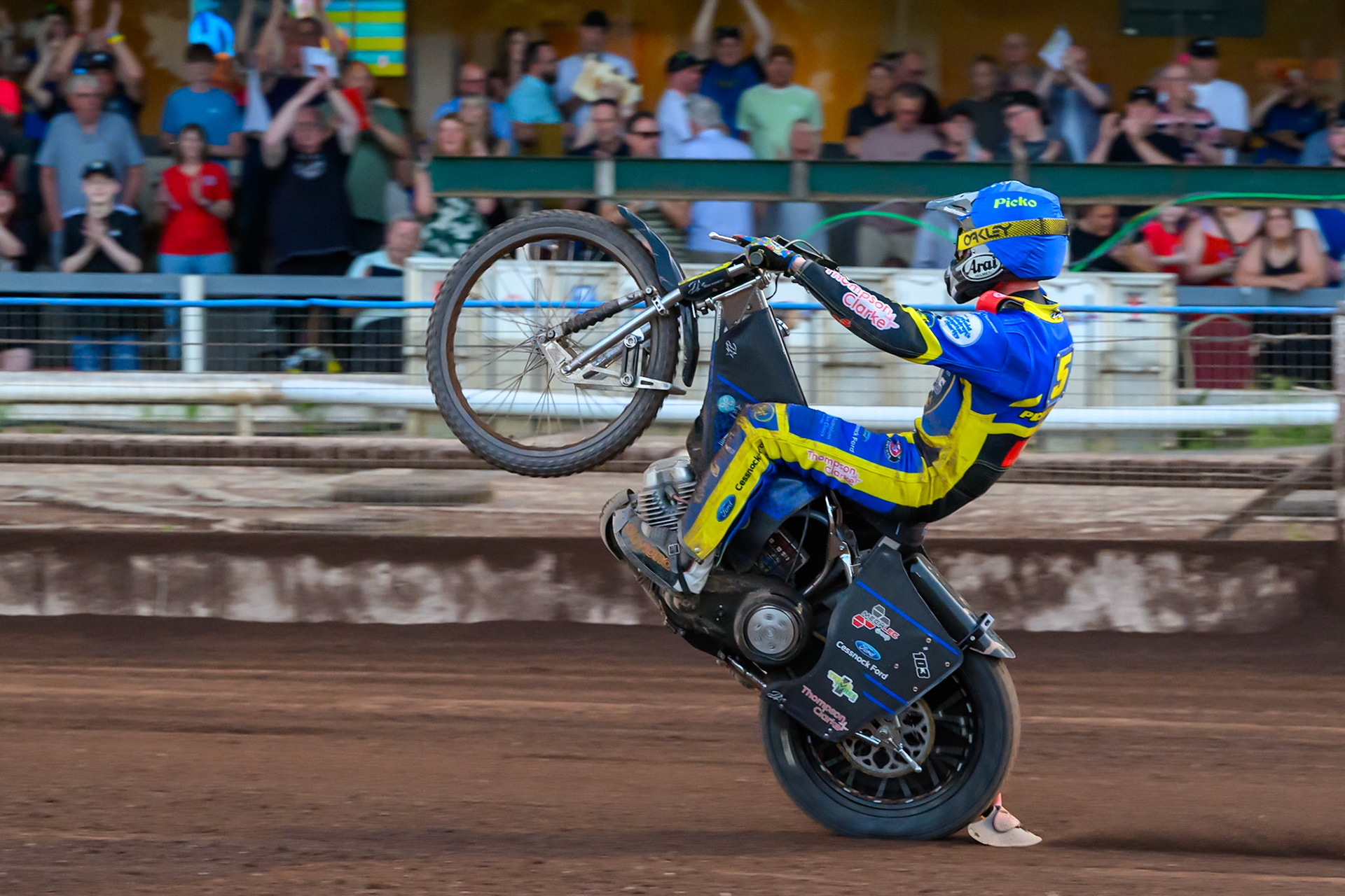 Josh Pickering of Sheffield Tigers  celebrates with a wheelie during the Rowe Motor Oil Premiership match between Sheffield Tigers and Belle Vue Aces at Owlerton Stadium, Sheffield on Monday 25th May 2026. (Photo: Ian Charles | MI News)