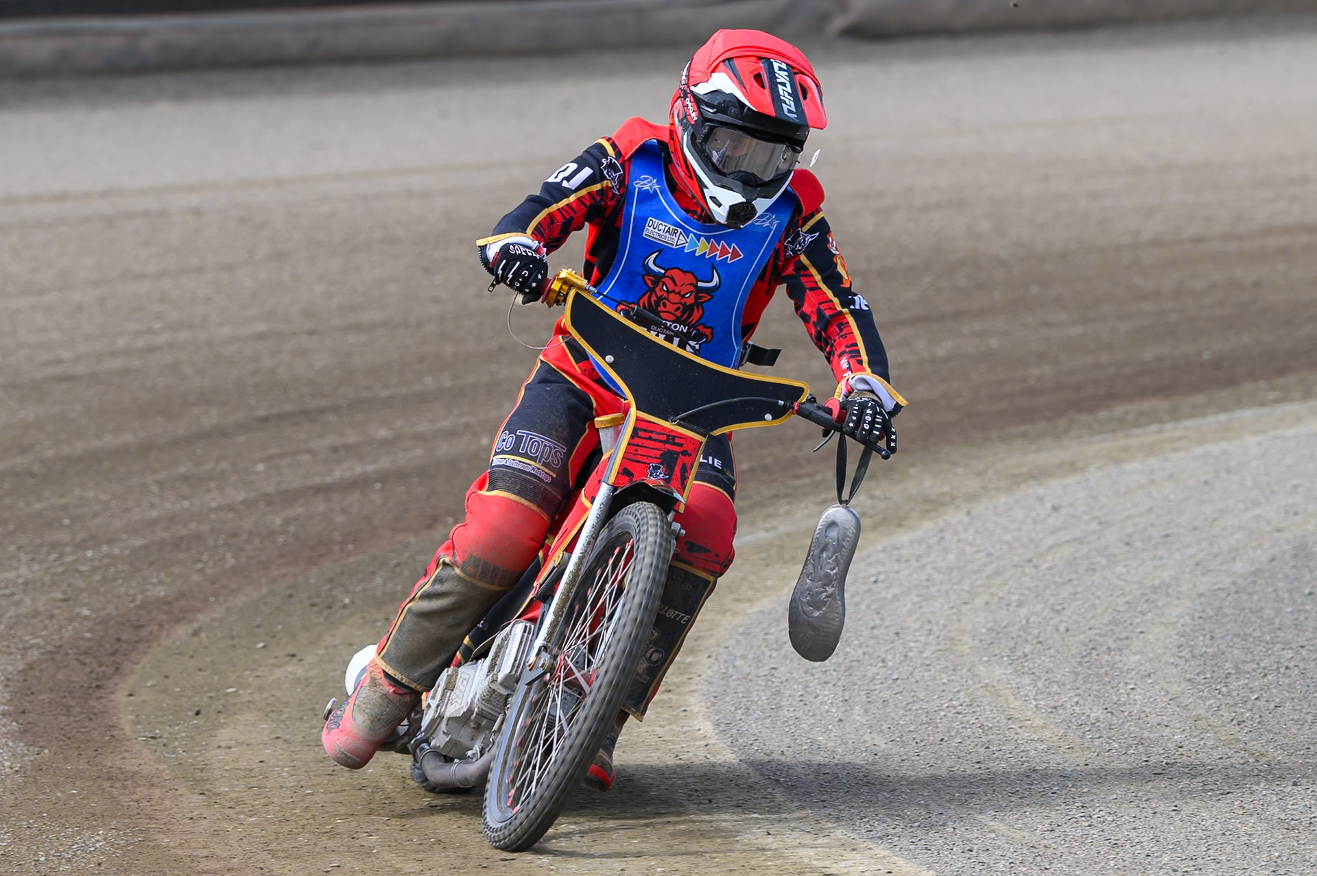 Luke Harris of Buxton Bulls  pulls up after his steel shoe came loose which he removed and carried on his trip back to the pits during the WSRA National Development League match between Buxton Bulls and Edinburgh Monarchs Academy at Hi-Edge Speedway, Buxton on Sunday 14th June 2026. (Photo: Ian Charles | MI News)