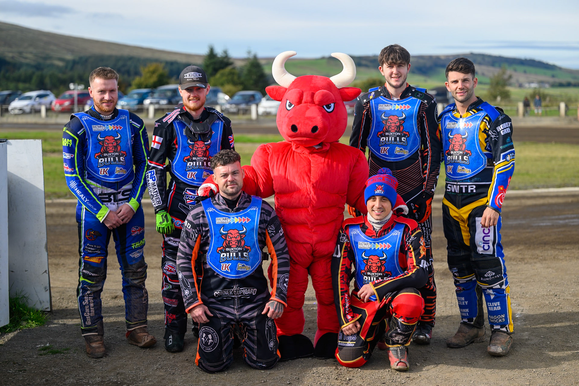 The Buxton Bulls with their new mascot, Bully: Rear:(L to R)  Arran Butcher, Jack Shimelt, Bully, Bailey Fellows, Alfie Bowtell. Kneeling: Jack Roberts (Left) and Luke Harris during the WSRA National Development League match between Buxton Bulls and Leicester Lion Cubs at Hi-Edge Speedway, Buxton on Sunday 4th October 2026. (Photo: Ian Charles | MI News)