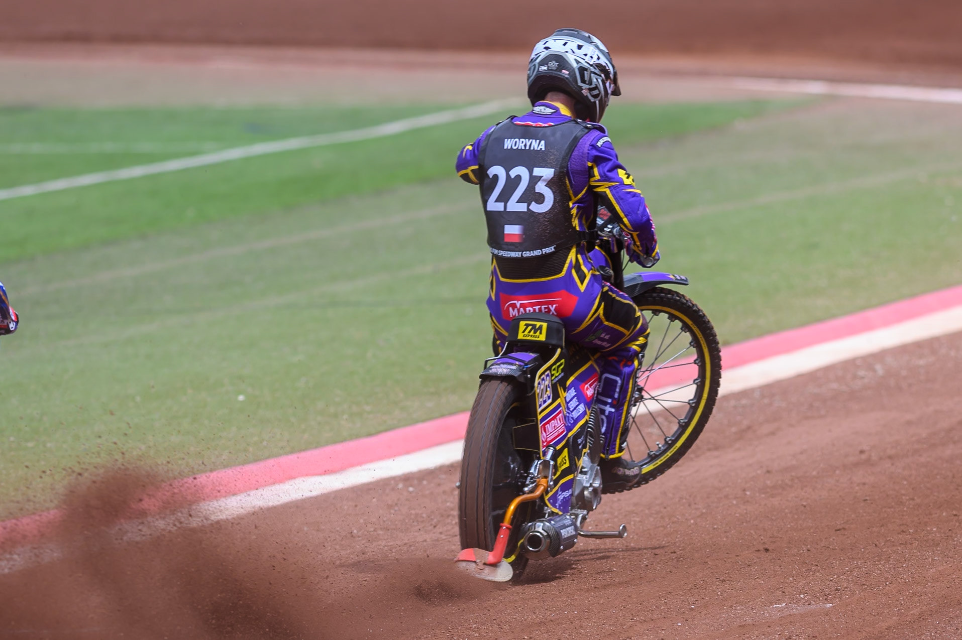 Kacper Woryna (223) of Poland does a practice start during practice for   the ATPI  FIM Speedway GP of Manchester at the National Speedway Stadium, Manchester on Friday 5th June 2026. (Photo: Ian Charles | MI News)