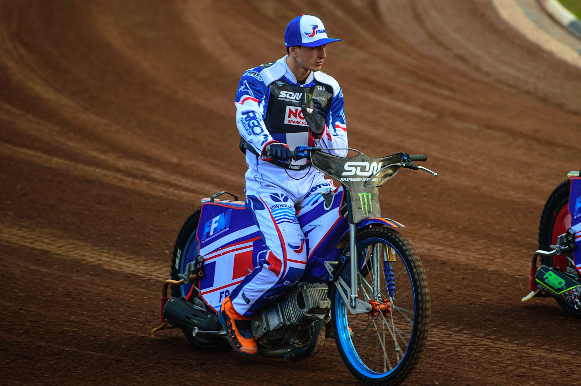 MANCHESTER, UK. OCT 16TH Dmitri Berge of France on the parade during the Monster Energy FIM Speedway of Nations at the National Speedway Stadium, Manchester on Saturday  16th October 2021. (Credit: Ian Charles | MI News)