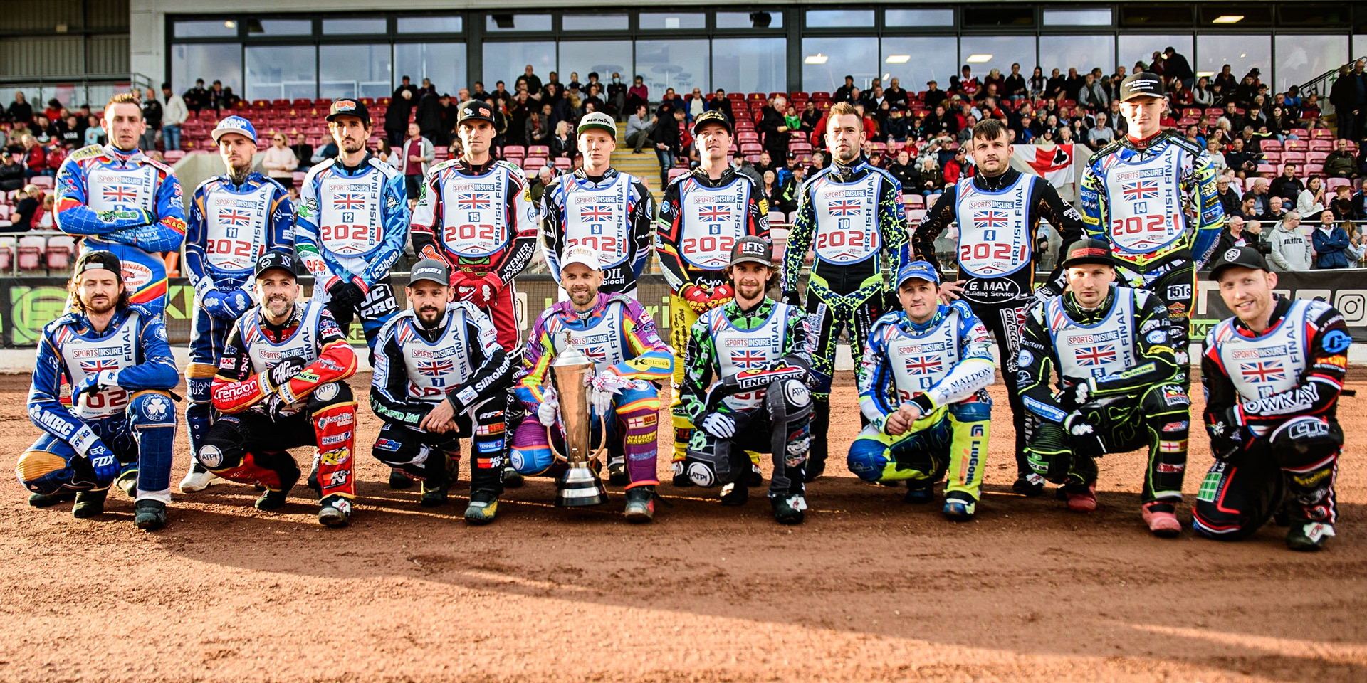 MANCHESTER, UK. AUGUST 16TH   The riders in the meeting line up for the cameras during the Sports Insure British Speedway Finals at the National Speedway Stadium, Manchester on Monday 16th August 2021. (Credit: Ian Charles | MI News)