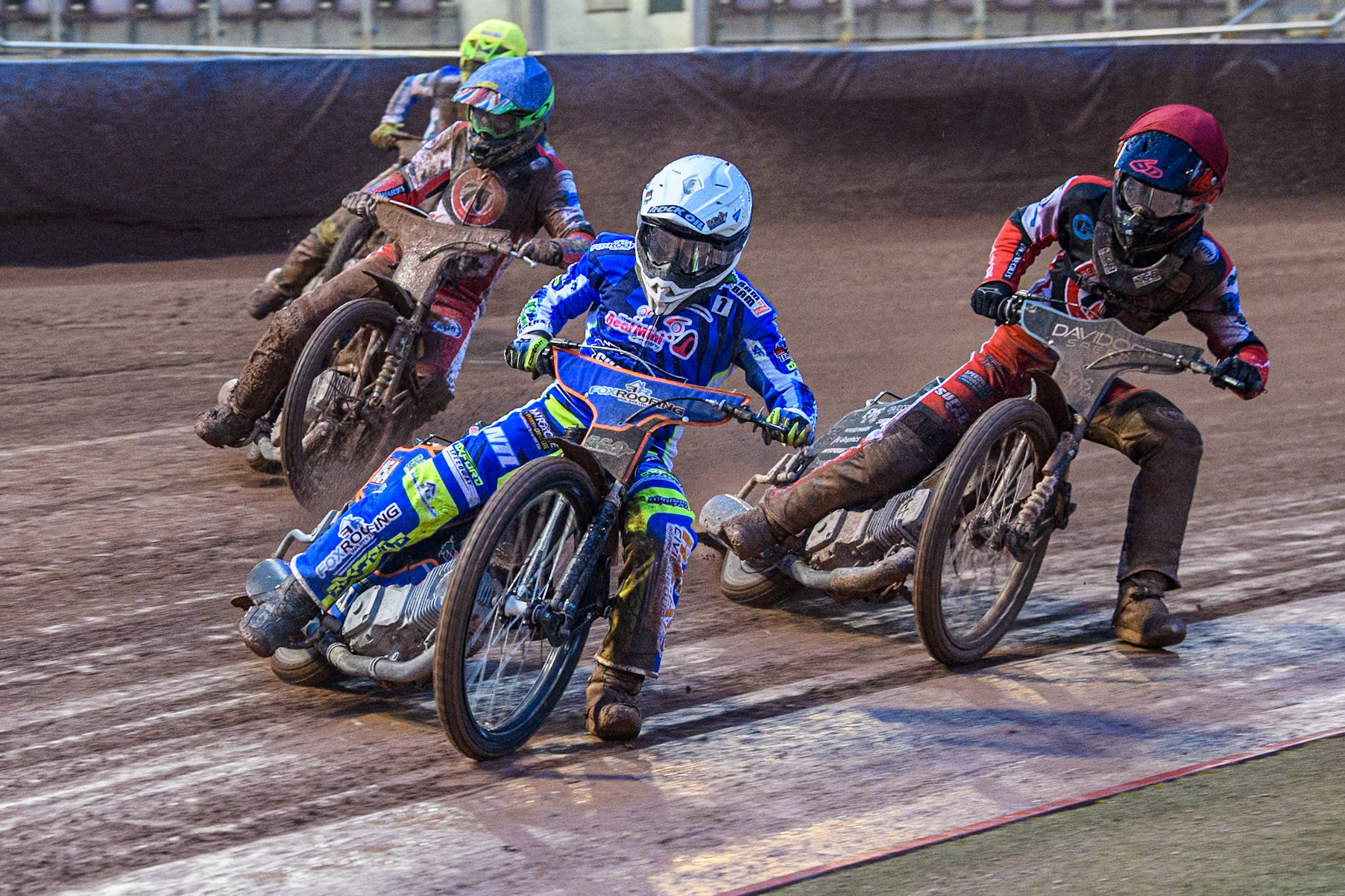 Oxford Chargers' Luke Killeen  in White leading Belle Vue Colts' Freddy Hodder  in Red Belle Vue Colts' William Cairns  in Blue and Oxford Chargers' Jacob Clouting  in Yellow during the WSRA National Development League match between Belle Vue Colts and Oxford Chargers at the National Speedway Stadium, Manchester on Friday 2nd August 2024. (Photo: Ian Charles | MI News)
