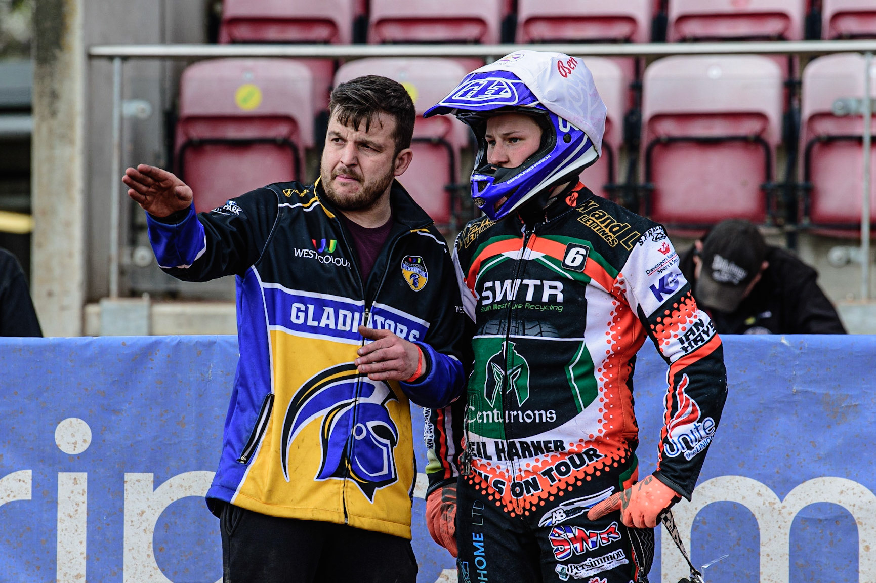 MANCHESTER, UK. APR 15TH  Ben Barker (left) passes on some advice to Ben Trigger  during the National Development League match between Belle Vue Colts and Plymouth Centurions at the National Speedway Stadium, Manchester on Friday 15th April 2022. (Credit: Ian Charles | MI News)