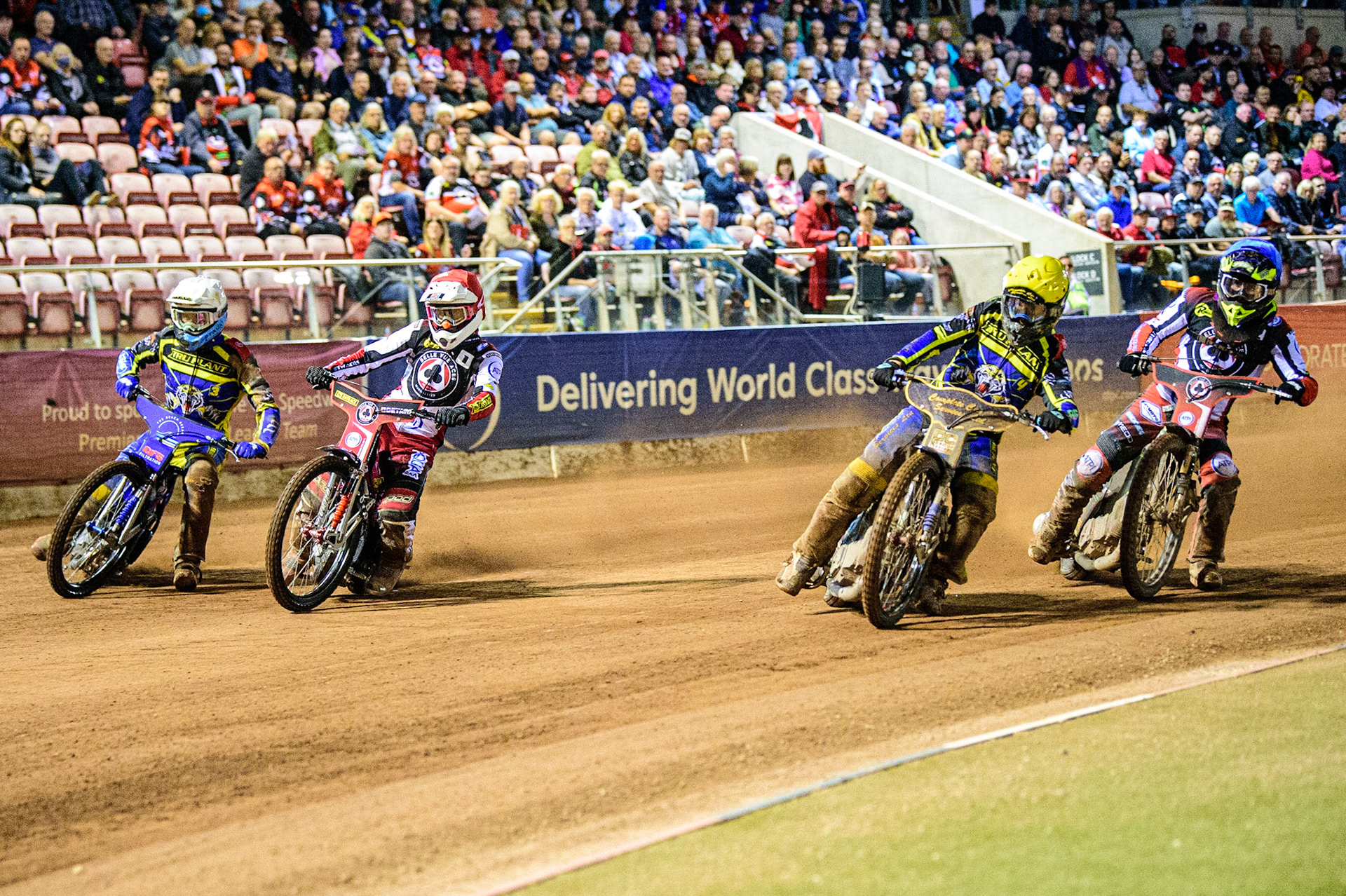 (l - r) Adam Ellis  (White), Max Fricke  (Red) Kyle Howarth  (Yellow) and Tom Brennan  (Blue) during the SGB Premiership match between Belle Vue Aces and Sheffield Tigers at the National Speedway Stadium, Manchester on Monday 5th September 2022. (Credit: Ian Charles | MI News)
