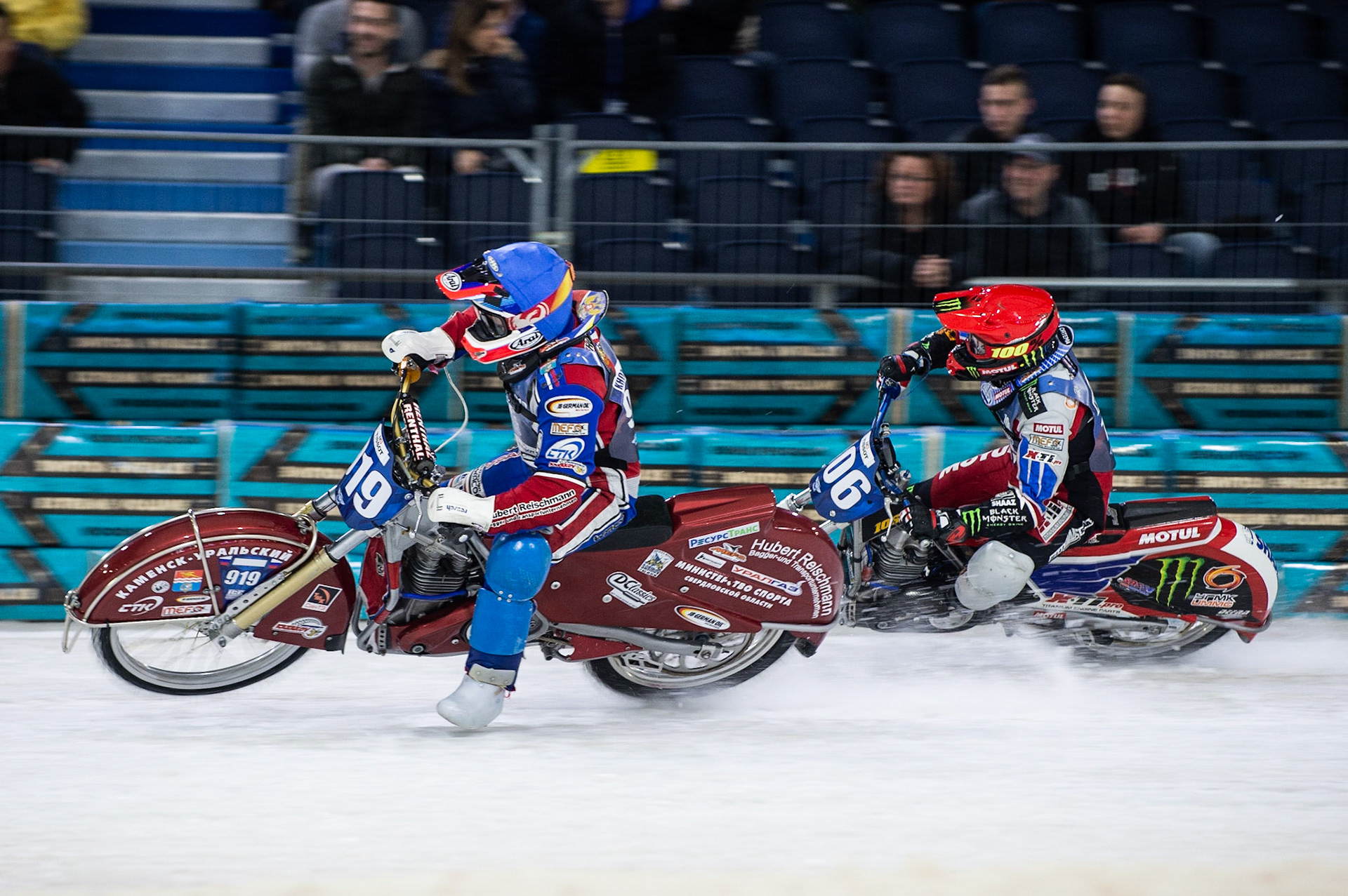 Photo: Ian Charles

Dmitri Khomitsevich (919) leads Dmitri Koltakov (106) in semi final 2

FIM Ice Speedway Gladiators World Championship, Event 5.2, Ice Rink Thialf, Heerenveen, Netherlands Sunday  31  March  2019