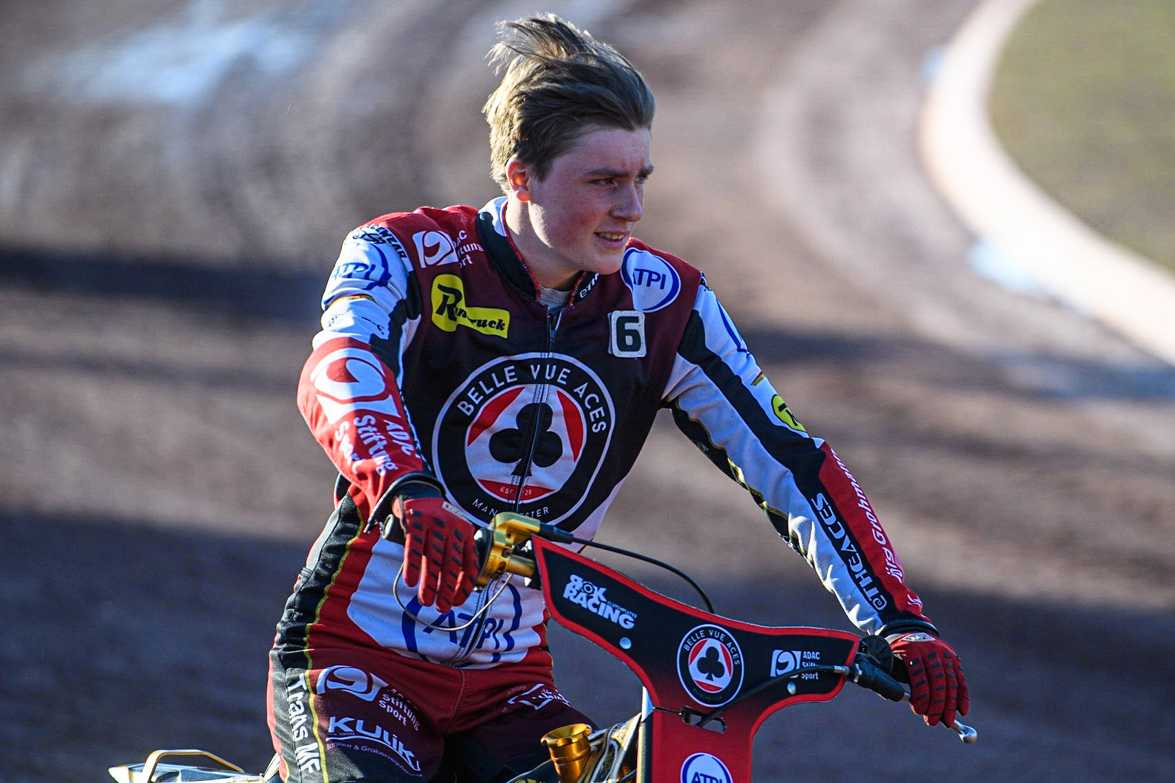 Belle Vue’s Norick Blodorn on the parade lap during the Sports Insure Premiership match between Belle Vue Aces and Ipswich Witches at the National Speedway Stadium, Manchester on Monday 5th June 2023. (Photo: Ian Charles | MI News)