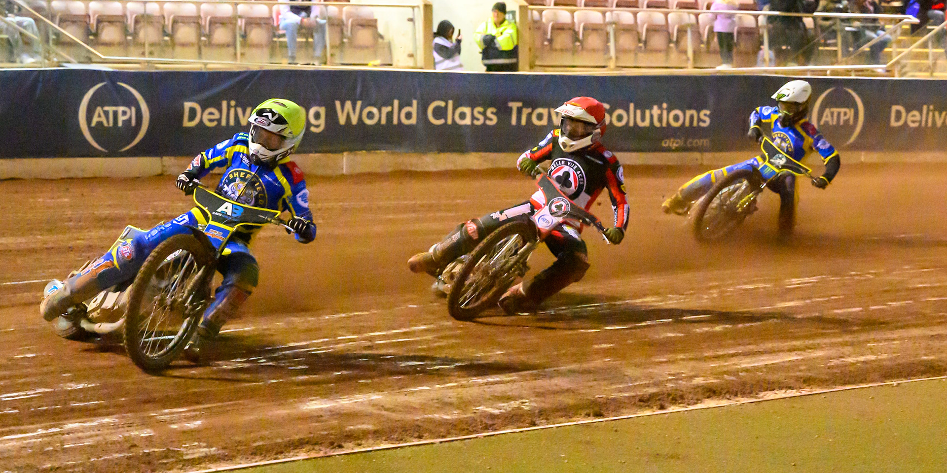 Jye Etheridge of Sheffield Tigers    in Yellow leading Peter Kildemand of Belle Vue Aces   in Red and Josh Pickering of Sheffield Tigers    in White during the Knockout Cup, Northern Section match between Belle Vue Aces and Sheffield Tigers at the National Speedway Stadium, Manchester on Monday 30th March 2026. (Photo: Ian Charles | MI News)