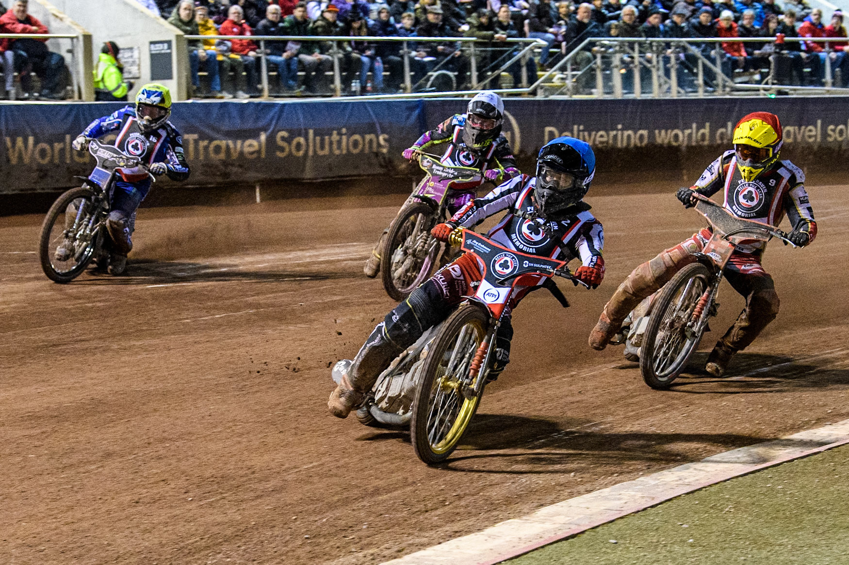 Germany's Norick Blödorn (Blue) leads  Poland's Patryk Wojdylo (Red), Germany's Celina Liebmann (White) and England's Connor Mountain (Yellow) during the Peter Craven Memorial Trophy meeting at the National Speedway Stadium, Manchester on Monday 18th March 2024. (Photo: Ian Charles | MI News)