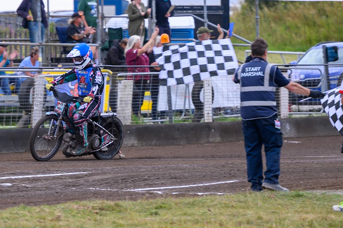 Alfie Bowtell of Buxton Bulls wins Heat 13 during the WSRA National Development League match between Buxton Bulls and King's Lynn Young Stars at Hi-Edge Speedway, Buxton on Sunday 9th August 2026. (Photo: Ian Charles | MI News)