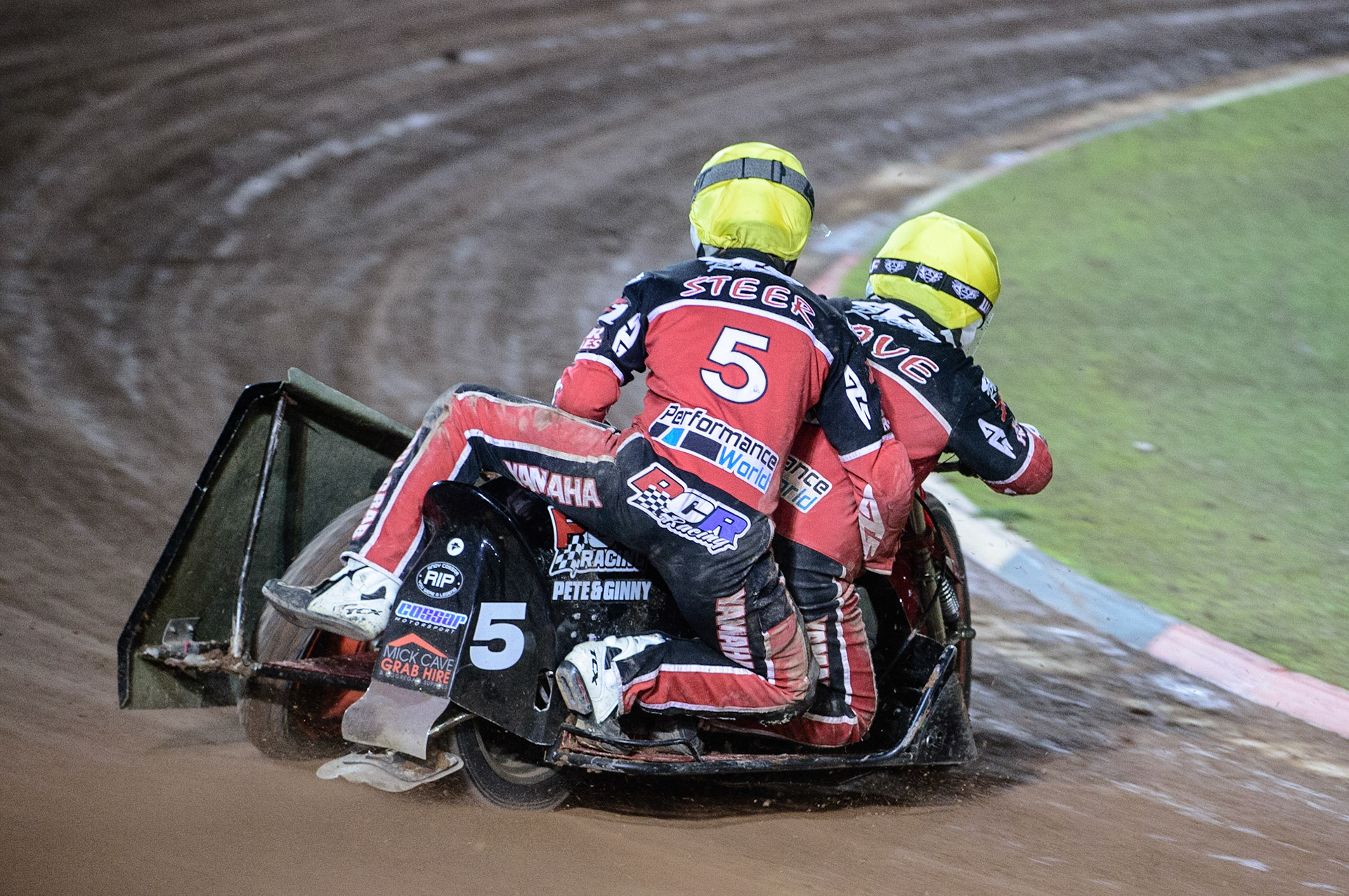 MANCHESTER, UK. OCT 30TH   Mick Cave &amp; Bradley Steer  in action  during the Manchester Masters Sidecar Speedway and Flat Track Racing at the National Speedway Stadium, Manchester on Saturday 30th October 2021. (Credit: Ian Charles | MI News)
