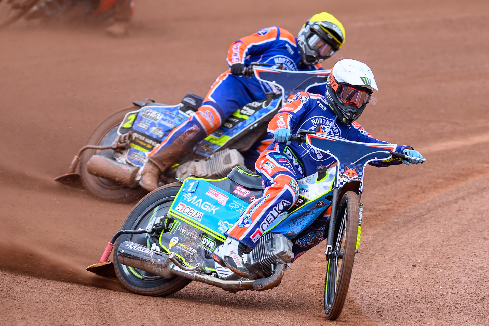 Jaimon Lidsey of Northampton Foxes in White leading team mate Troy Batchelor of Northampton Foxes in Yellow during the Rowe Motor Oil Premiership match between Belle Vue Aces and Northampton Foxes at the National Speedway Stadium, Manchester on Monday 4th May 2026. (Photo: Ian Charles | MI News)