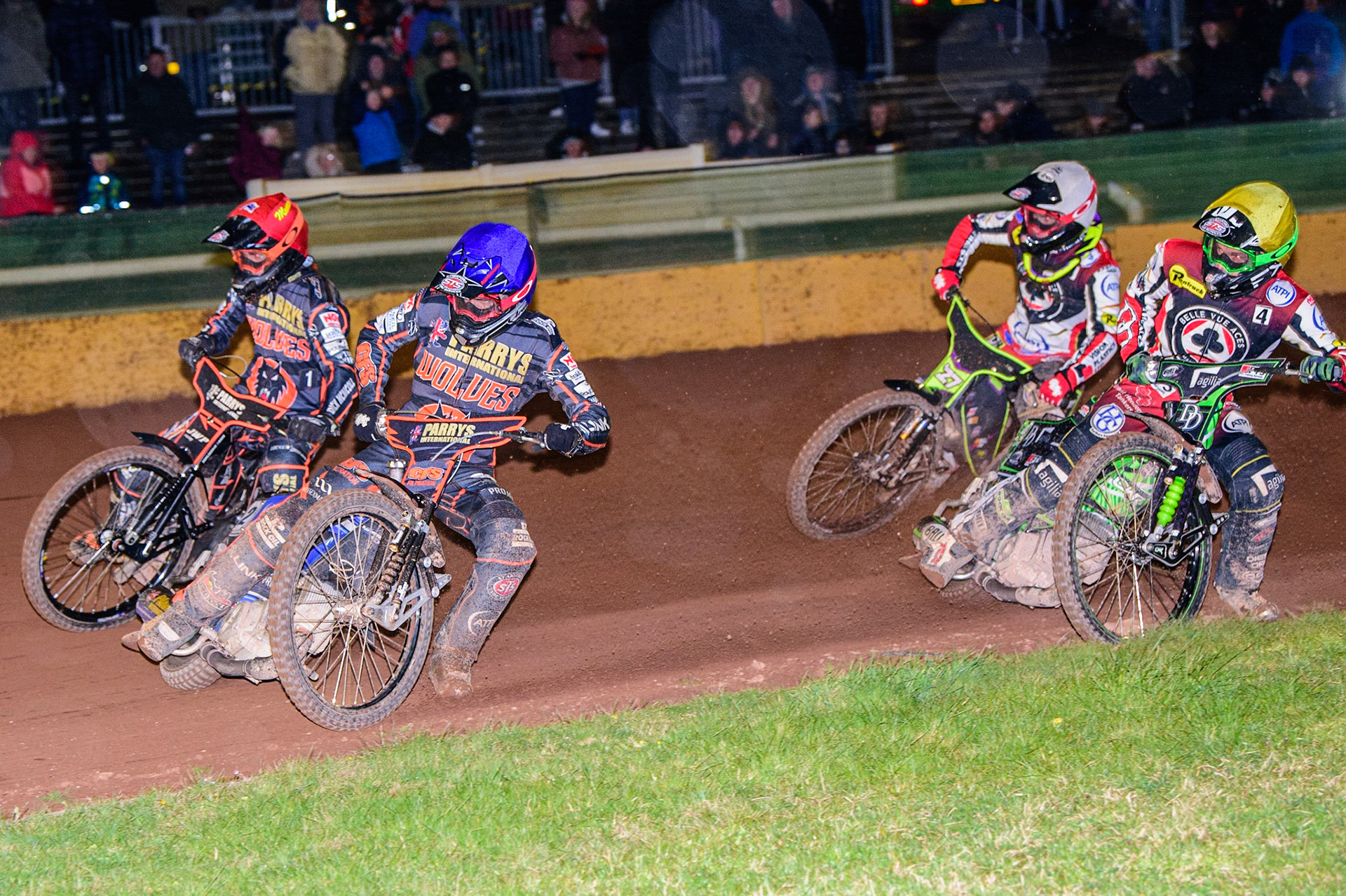 Steve Worrall  (Blue) and Sam Masters  (Red) lead Tom Brennan  (White) and Charles Wright  (Yellow) during the SGB Premiership Knock Out Cup Quarter Final 1st Leg between Wolverhampton Wolves and Belle Vue Aces at Monmore Green Stadium, Wolverhampton on Monday 10th April 2023. (Photo: Ian Charles | MI News)