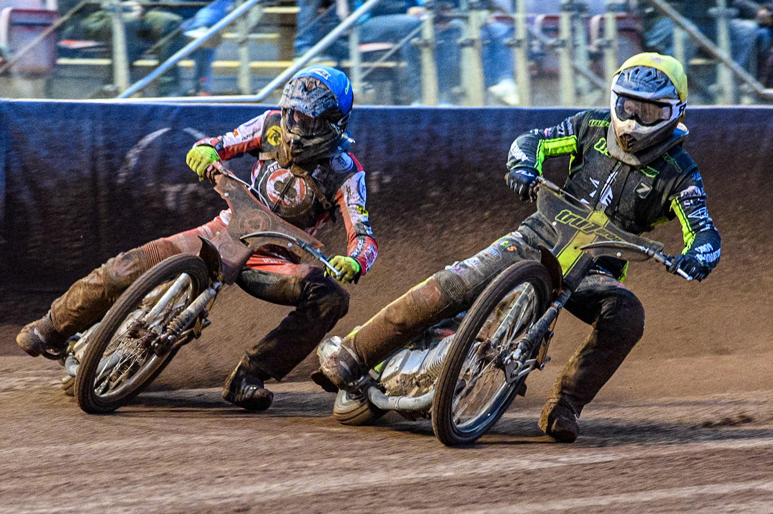 Belle Vue Aces' Connor Bailey in Blue alongside Ipswich Witches' Dan Thompson in Yellow during the Rowe Motor Oil Premiership match between Belle Vue Aces and Ipswich Witches at the National Speedway Stadium, Manchester on Monday 22nd April 2024. (Photo: Ian Charles | MI News)