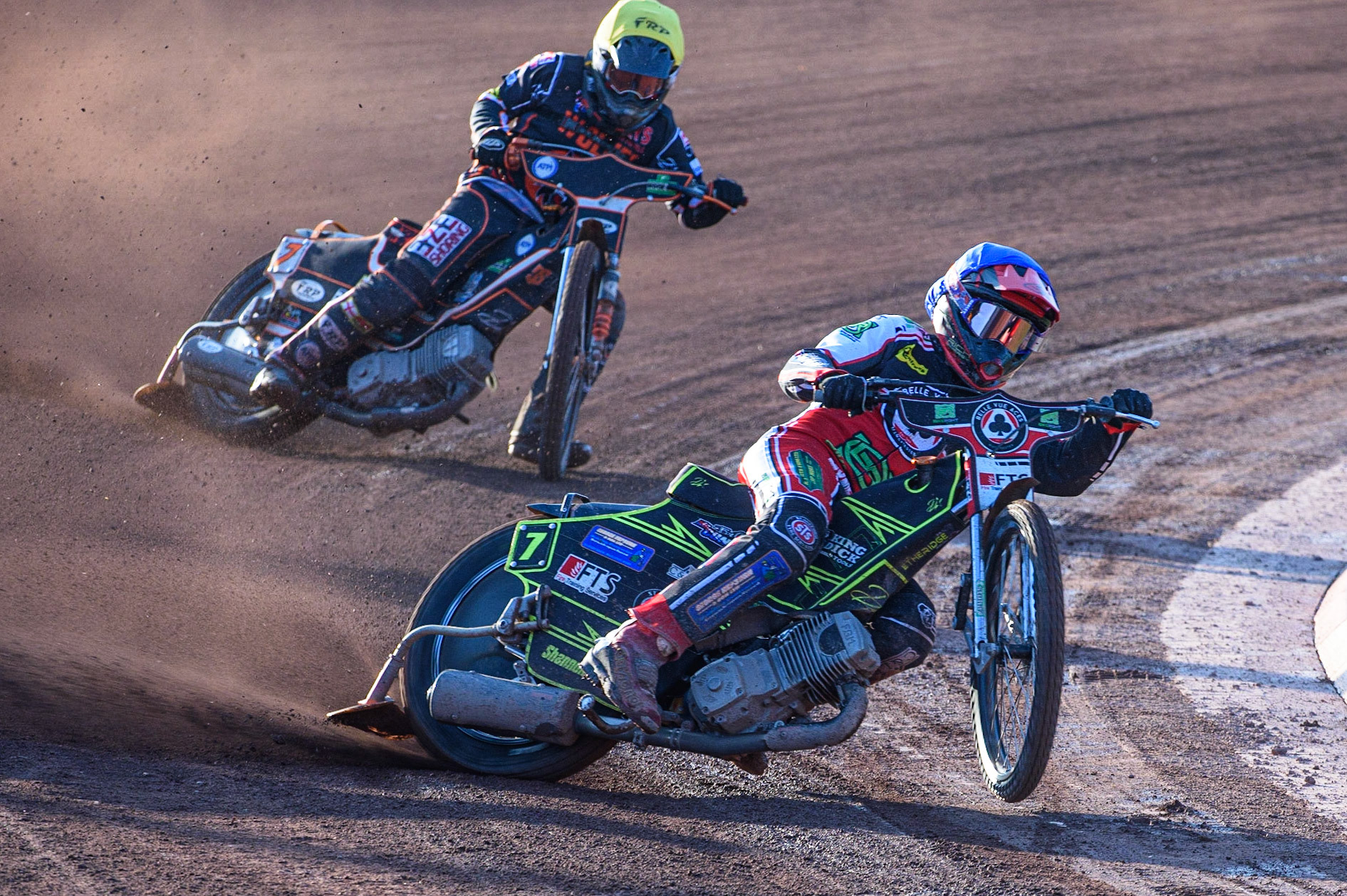 MANCHESTER, UK. JULY 15TH   Belle Vue BikeRight Aces top scorer Jye Etheridge  (Blue) leads Jack Smith (Yellow) during the SGB Premiership match between Belle Vue Aces and Wolverhampton Wolves at the National Speedway Stadium, Manchester on Thursday 15th July 2021. (Credit: Ian Charles | MI News)