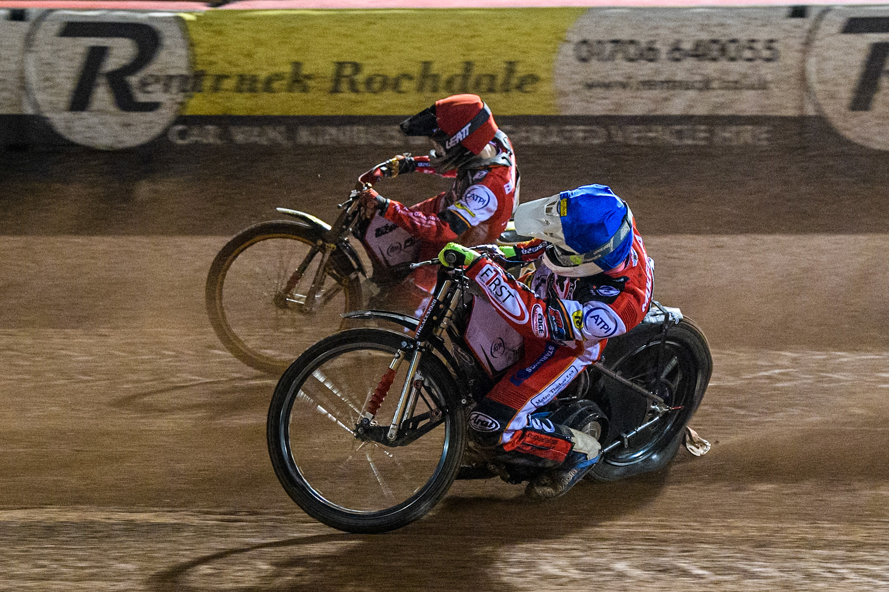 Jake Mulford of Belle Vue Aces in Blue rides inside team mate Norick Blödorn in Red during the Premiership Cup Quarter Final 1st Leg match between Belle Vue Aces and Ipswich Witches at the National Speedway Stadium, Manchester on Monday 24th March 2025. (Photo: Ian Charles | MI News)