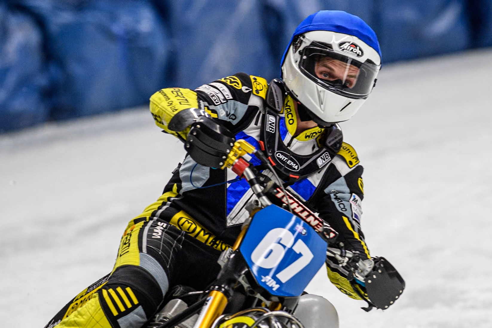 Finland's Heikki Huusko (67) during the FIM Ice Speedway Gladiators World Championship Final 1 at the Max-Aicher-Arena, Inzell on Saturday 23 March 2024. (Photo: Ian Charles | MI News)