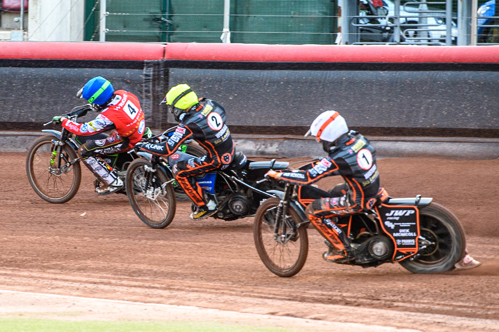Charles Wright (Blue) outside Steve Worrall (Yellow) and Sam Masters (White) during the Sports Insure Premiership Knock Out Cup Quarter Final 2nd Leg between Belle Vue Aces and Wolverhampton Wolves at the National Speedway Stadium, Manchester on Thursday 18th May 2023. (Photo: Ian Charles | MI News)