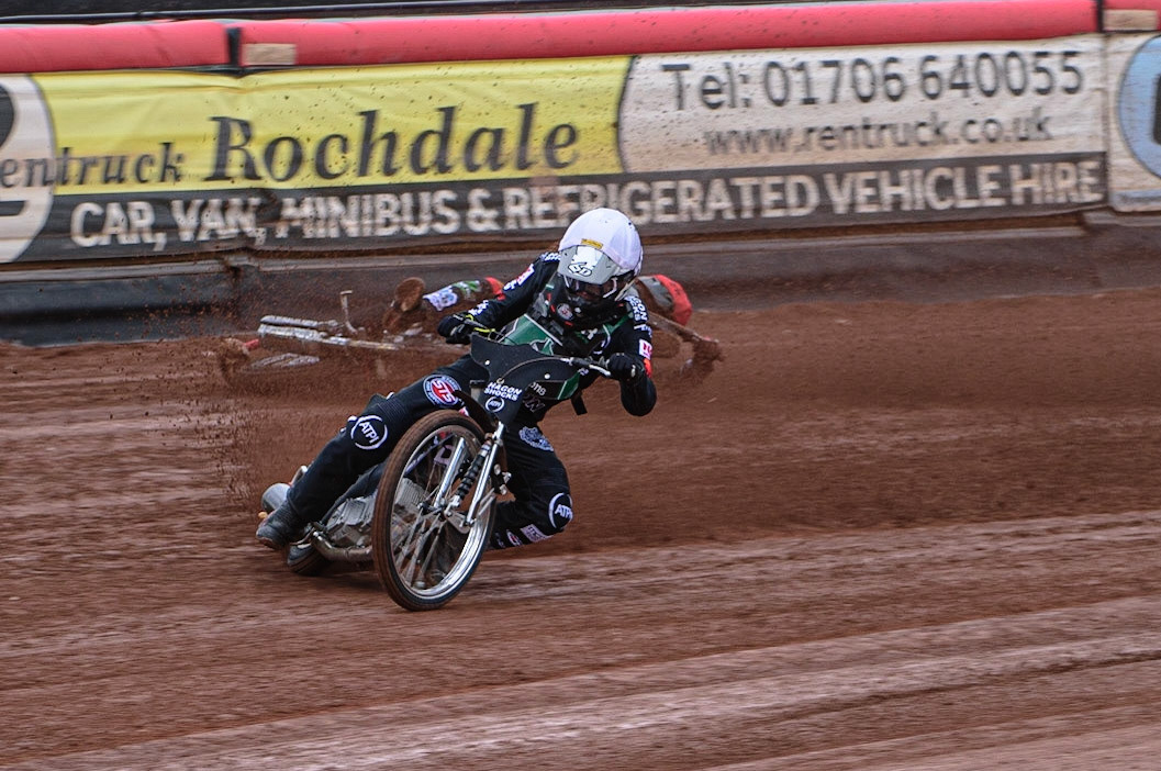MANCHESTER, UK. APR 15TH  Jack Smith  slides off in the opening heat behind Dan Gilkes  during the National Development League match between Belle Vue Colts and Plymouth Centurions at the National Speedway Stadium, Manchester on Friday 15th April 2022. Credit: Ian Charles | MI News)
