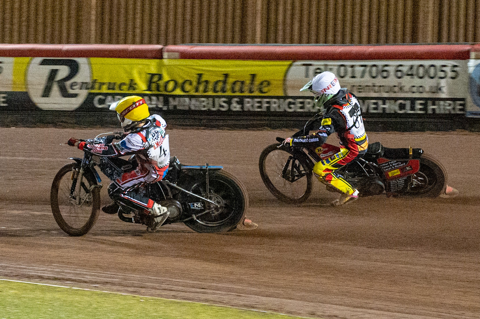 Photo: Ian CharlesHarry McGurk (Yellow) inside Joe Thompson (White) (500cc A Class)British Youth Speedway Championship (Round 5), National Speedway Stadium, Manchester Saturday  10  October  2020