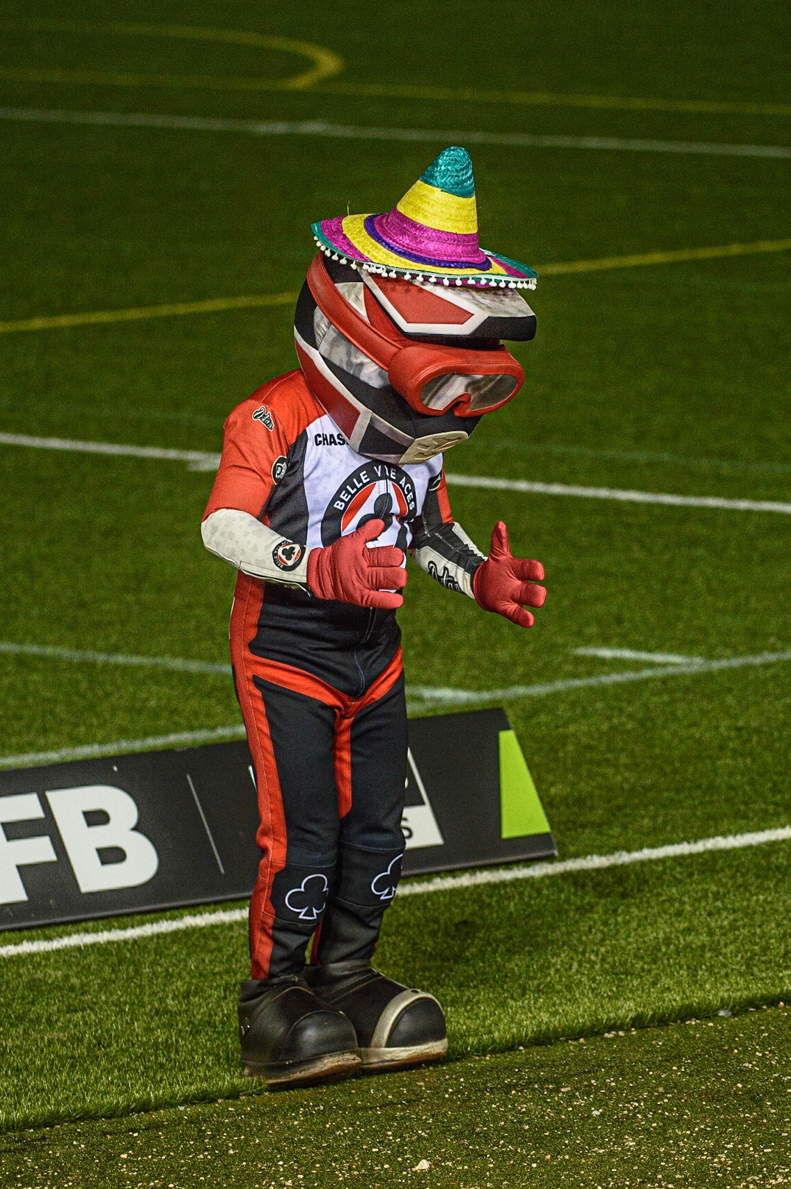 MANCHESTER, UK. OCT 7TH  Belle Vue BikeRight Aces  Mascot Chase The Ace entertains the crowd during the SGB Premiership Play off Semi-Final Second Leg between Belle Vue Aces and Sheffield Tigers at the National Speedway Stadium, Manchester on Thursday 7th October 2021. (Credit: Ian Charles | MI News)