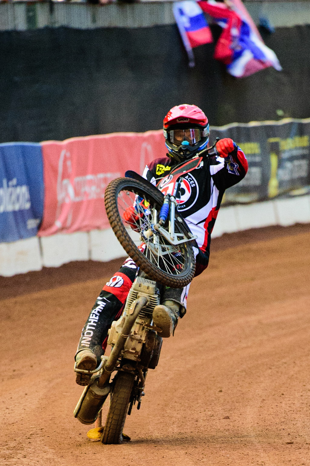 Matej Zagar wheelies during the SGB Premiership match between Belle Vue Aces and Peterborough at the National Speedway Stadium, Manchester on Monday 25th July 2022. (Credit: Ian Charles | MI News
