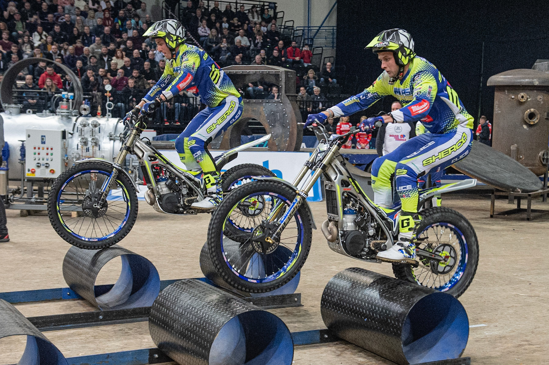 SHEFFIELD, ENGLAND  - DECEMBER 28TH  Jack Peace, UK (Sherco) (right) races against his brother Dan Peace, UK (Sherco)  during the 25th Anniversary Sheffield Indoor Trial at the FlyDSA Arena, Sheffield on Saturday 28th December 2019. (Credit: Ian Charles | MI News)