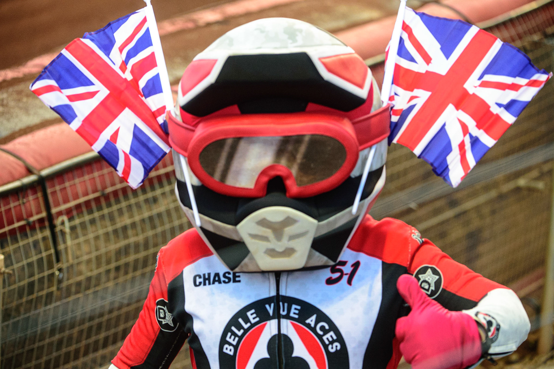 MANCHESTER, UK. OCT 16TH Chase the Ace shows his support for Team GB during the Monster Energy FIM Speedway of Nations at the National Speedway Stadium, Manchester on Saturday  16th October 2021. (Credit: Ian Charles | MI News)