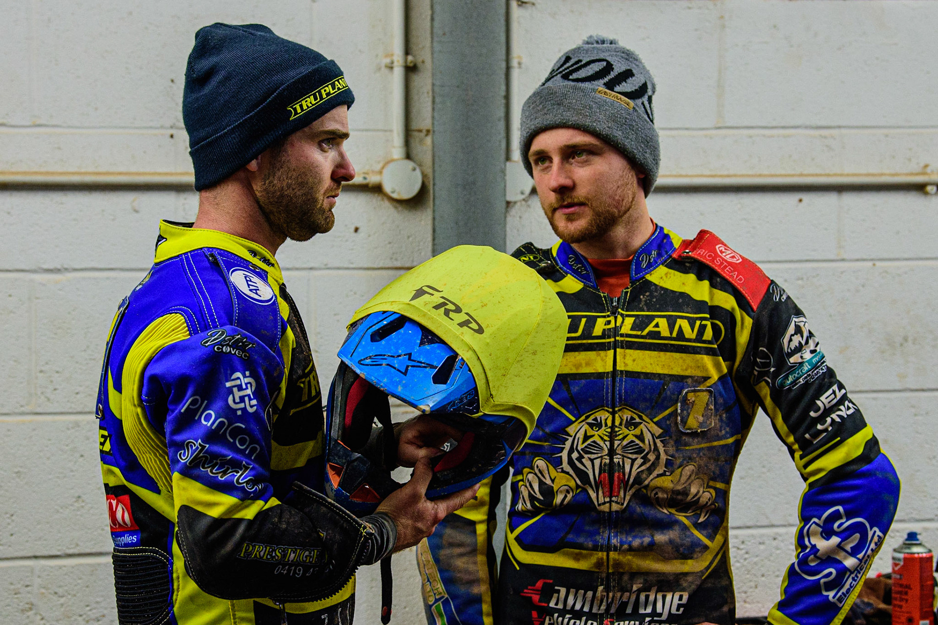 Justin Sedgmen (left) chats with team mate Connor Mountain  during the SGB Premiership Grand Final 1st leg between Belle Vue Aces and Sheffield Tigers at the National Speedway Stadium, Manchester on Monday 10th October 2022. (Credit: Ian Charles | MI News)