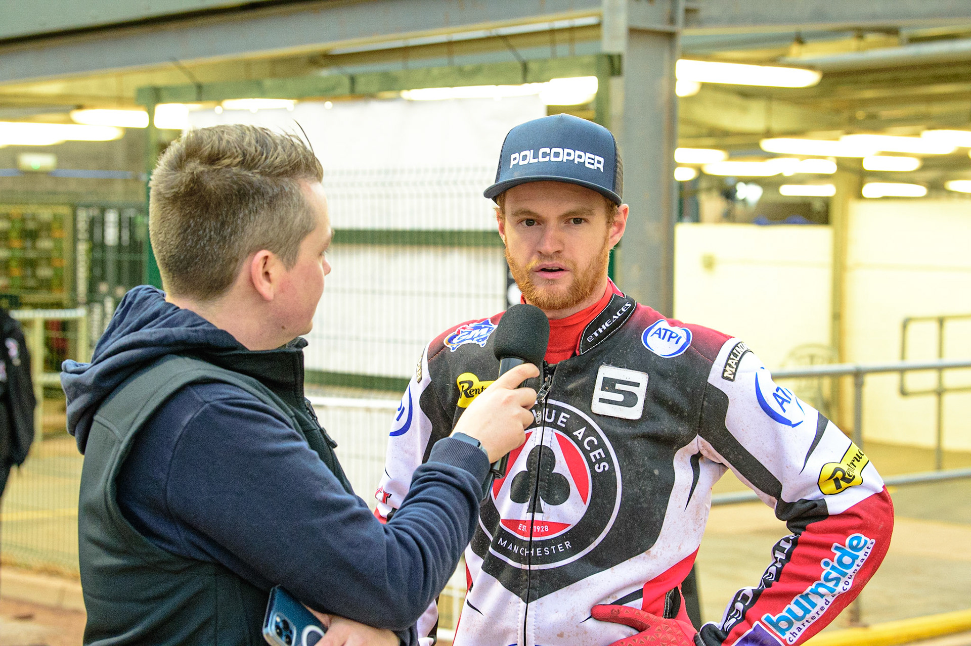 MANCHESTER, UK. JUN 6TH Pits reporter Lee Wild interviews Brady Kurtz   during the SGB Premiership match between Belle Vue Aces and Ipswich Witches at the National Speedway Stadium, Manchester on Monday 6th June 2022. (Credit: Ian Charles | MI News)